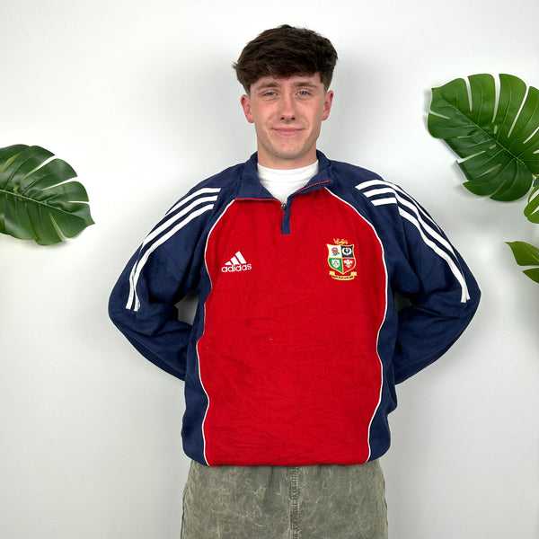 Adidas X British & Irish Lions Rugby RARE Red Embroidered Logo Teddy Bear Fleece Quarter Zip Sweatshirt (L)