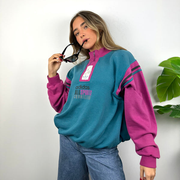 Adidas RARE Turquoise Blue & Pink Spell Out Sweatshirt (L)