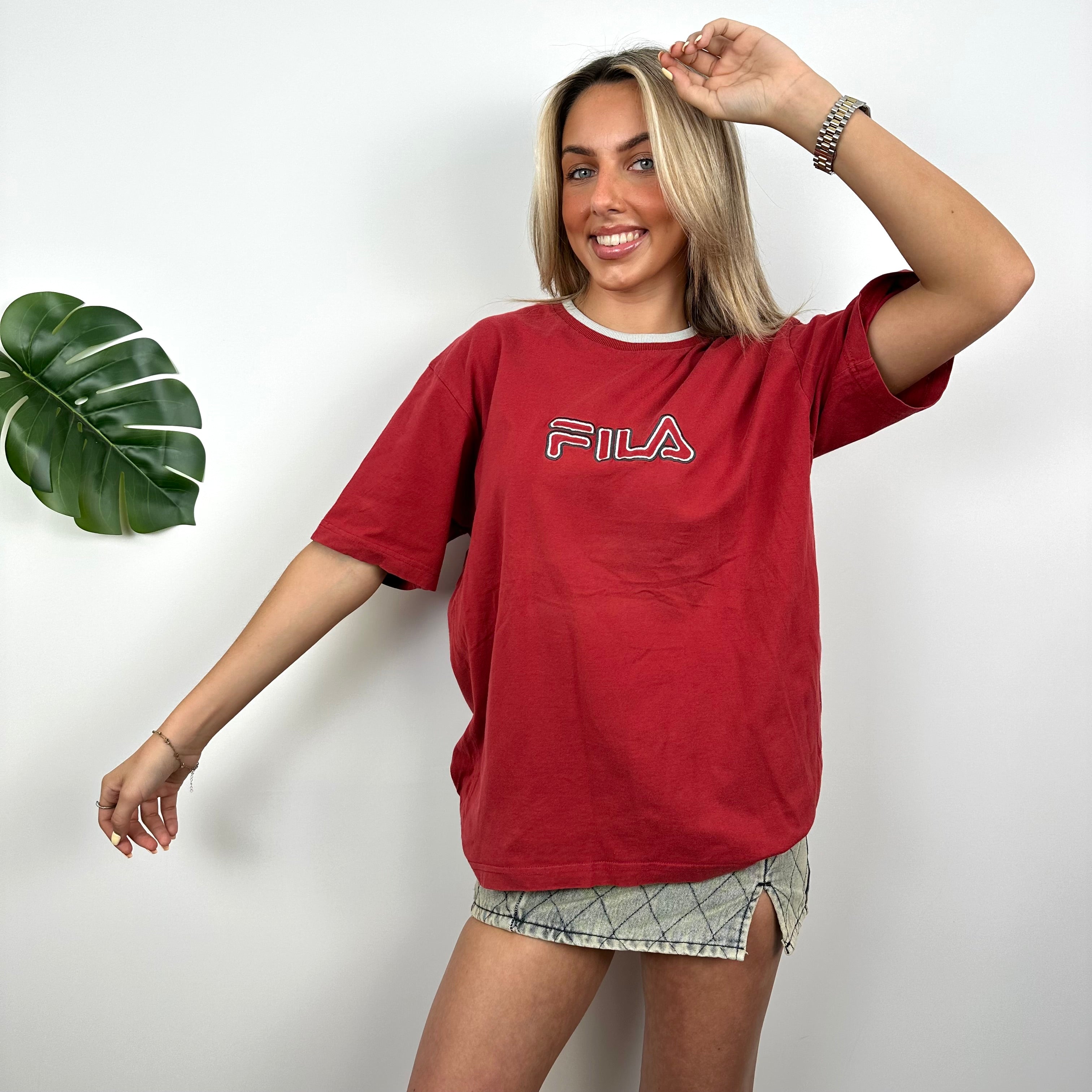 FILA Red Embroidered Spell Out T Shirt (M)