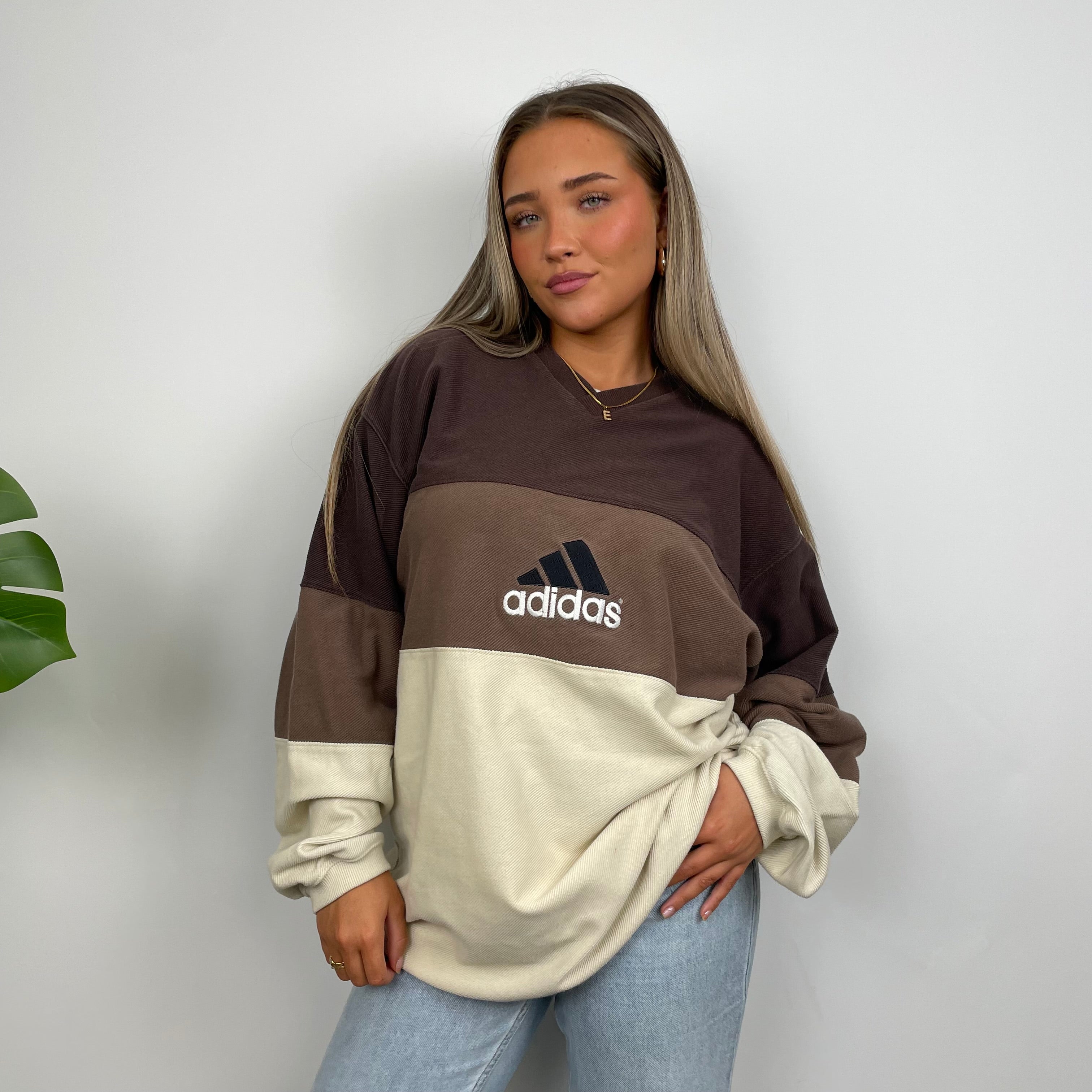 Adidas RARE Cream & Brown Colour Block Embroidered Spell Out Sweatshirt (XL)