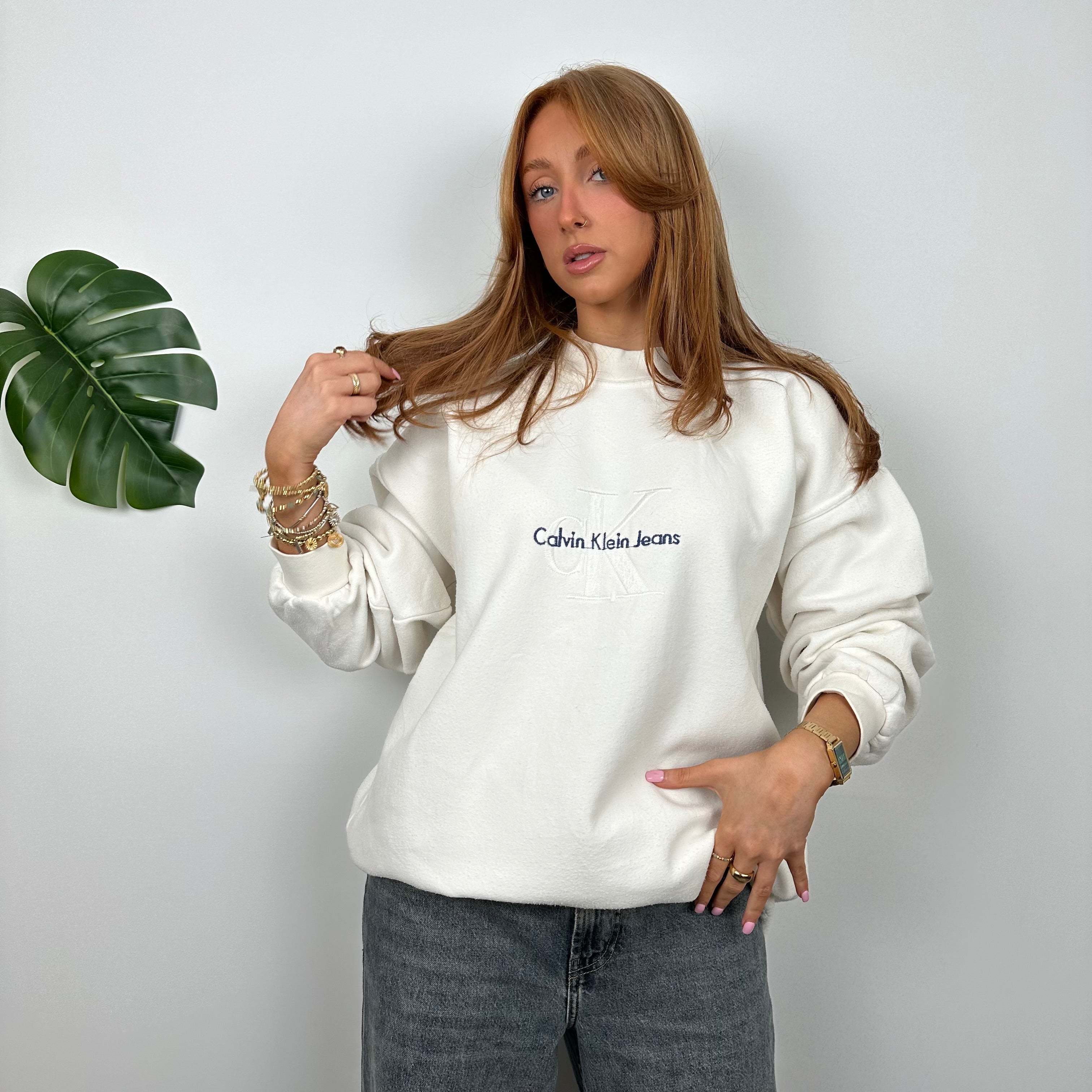 Calvin Klein RARE White Embroidered Spell Out Sweatshirt (XXL)