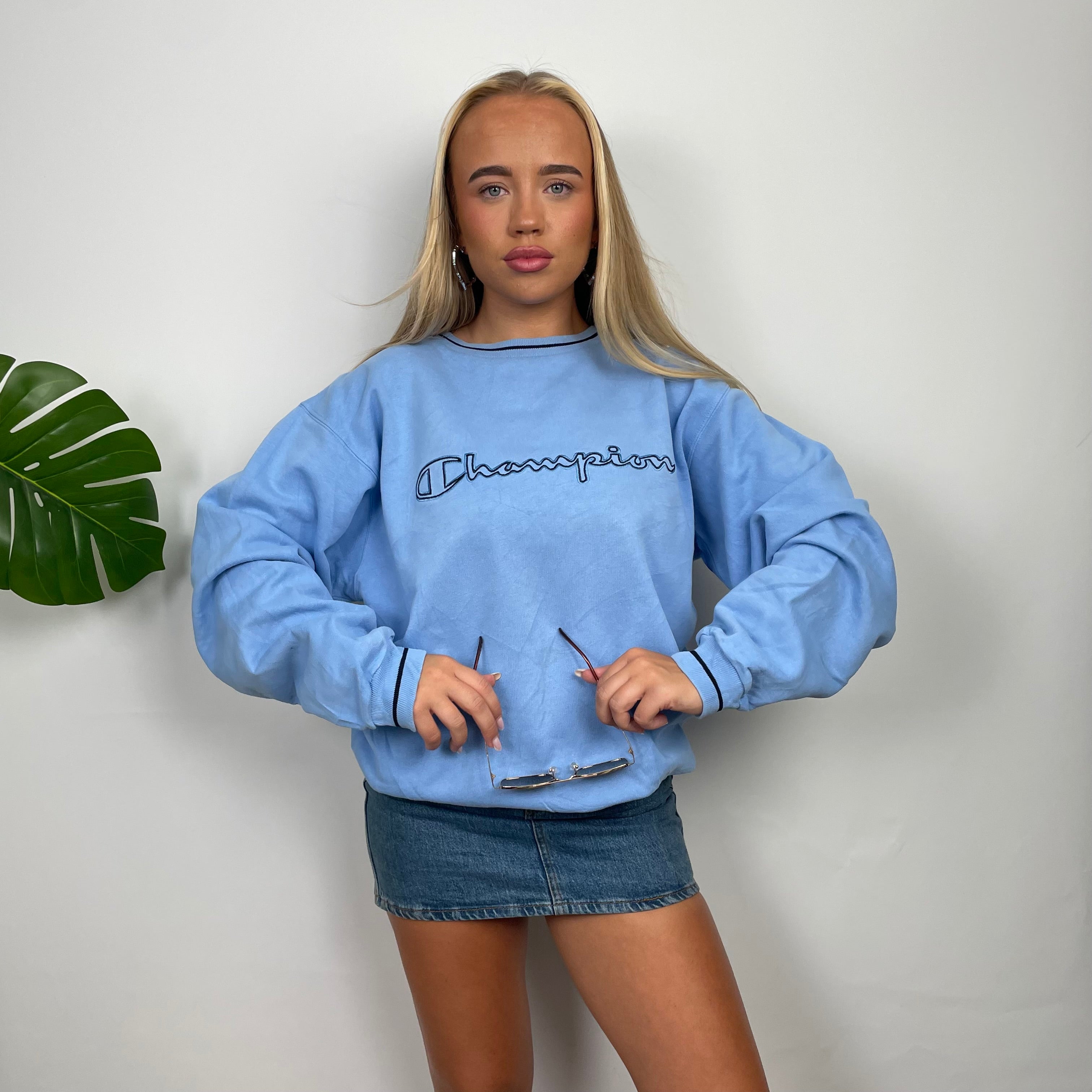 Champion Baby Blue Embroidered Spell Out Sweatshirt (M)