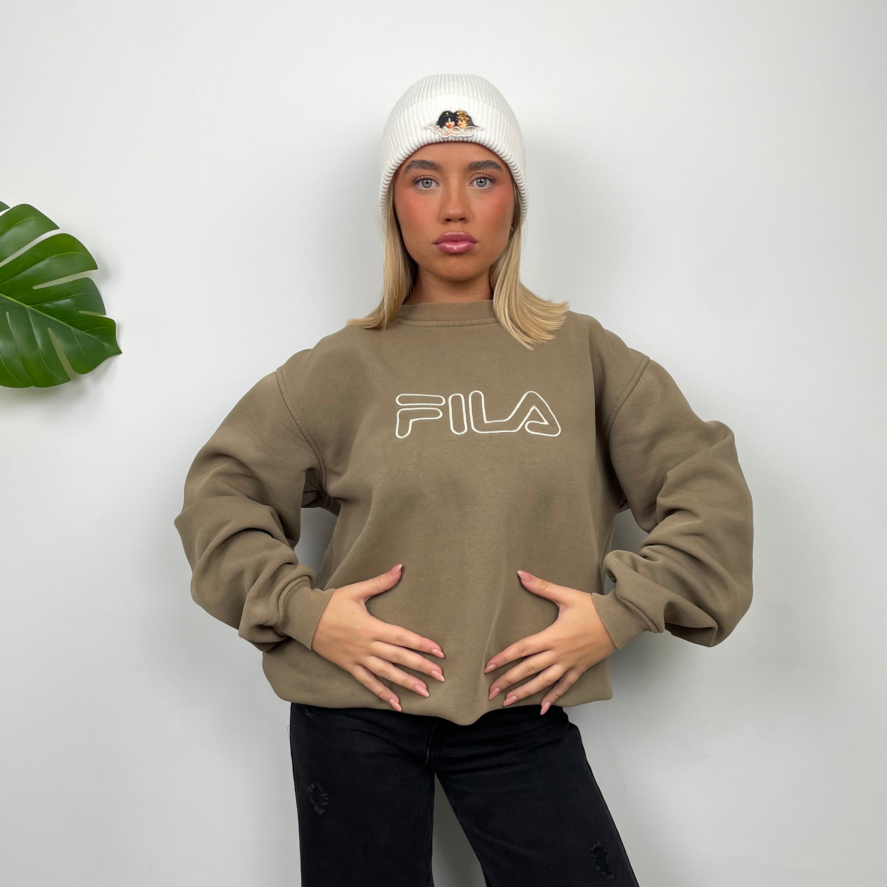 FILA Tan Brown Embroidered Spell Out Sweatshirt (L)