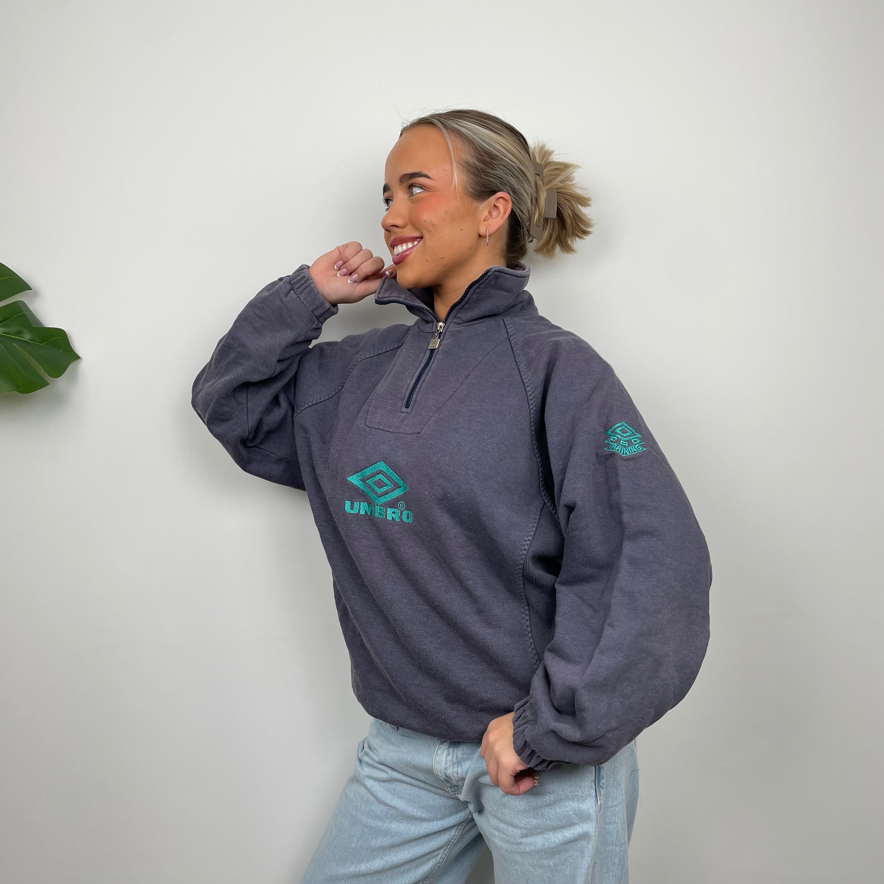 Umbro RARE Navy Embroidered Spell Out Quarter Zip Sweatshirt (L)