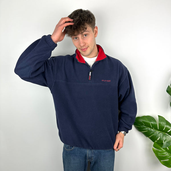 Tommy Hilfiger Navy Embroidered Spell Out Teddy Bear Fleece Quarter Zip Sweatshirt (L)