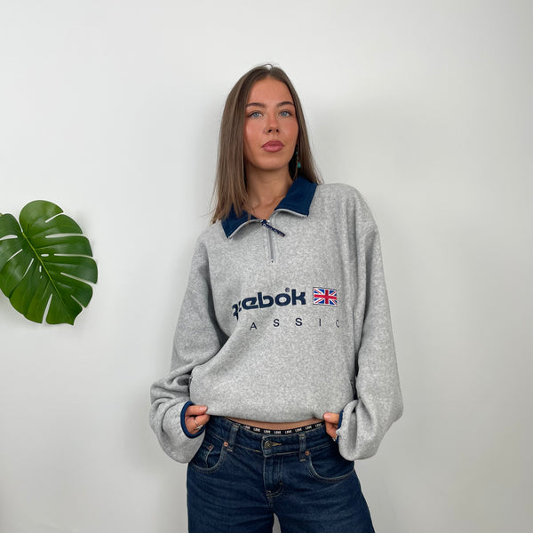 Reebok Classic RARE Grey Embroidered Spell Out Teddy Bear Fleece Quarter Zip Sweatshirt (XL)