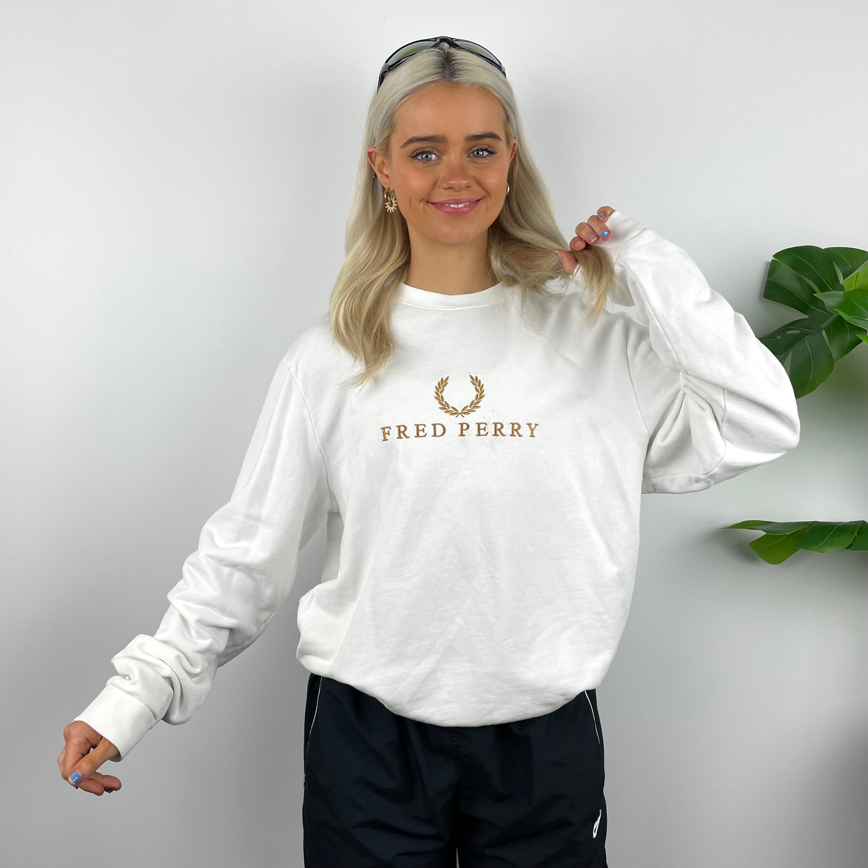 Fred Perry RARE White Embroidered Spell Out Sweatshirt (M)