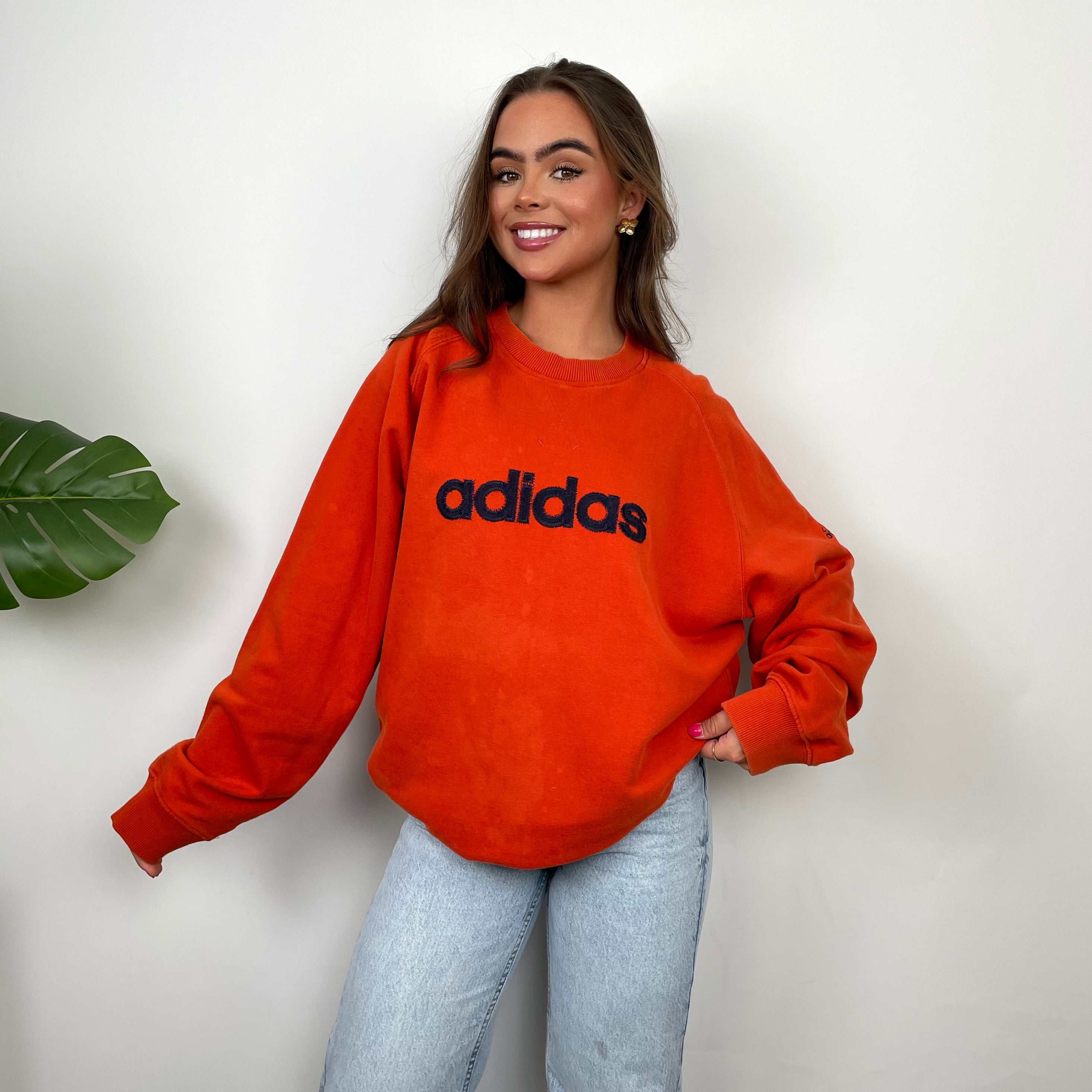 Adidas Orange Embroidered Spell Out Sweatshirt (XL)