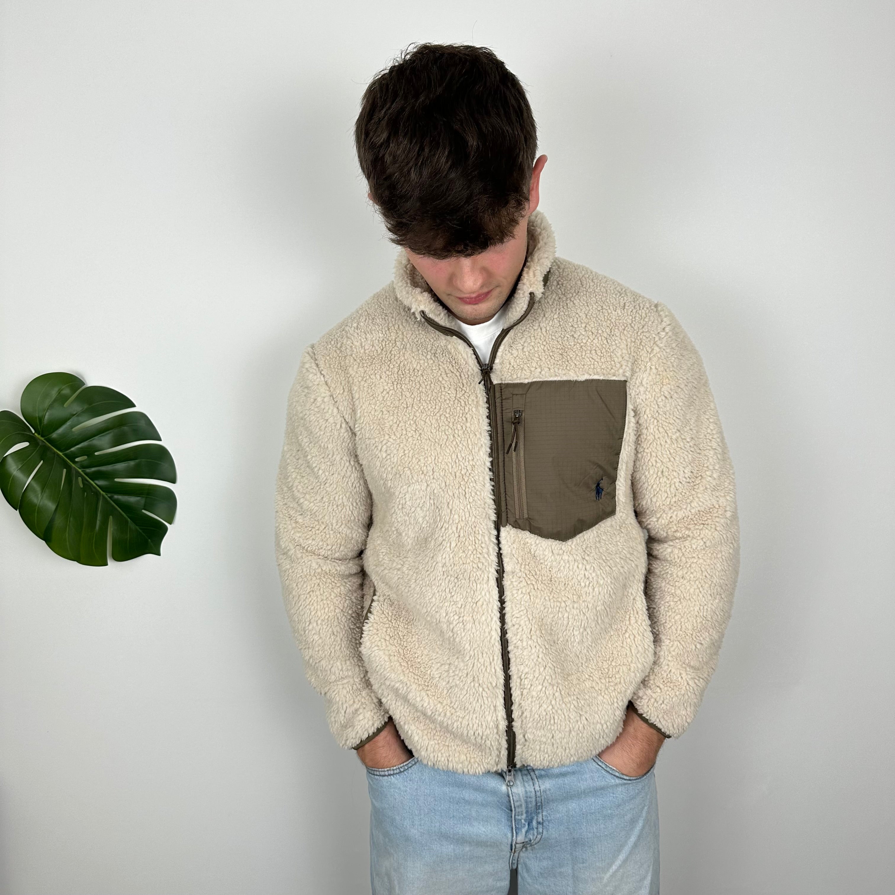 Polo Ralph Lauren Cream Embroidered Logo Teddy Bear Fleece Jacket (M)