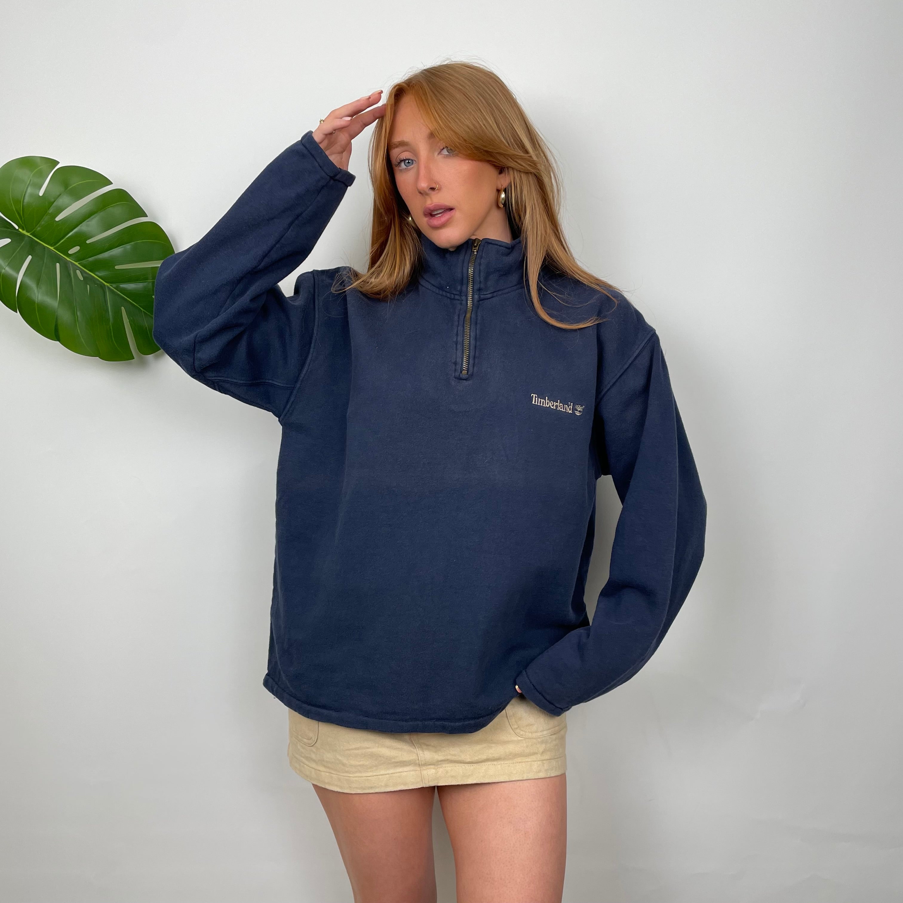 Timberland Navy Embroidered Spell Out Quarter Zip Sweatshirt (S)