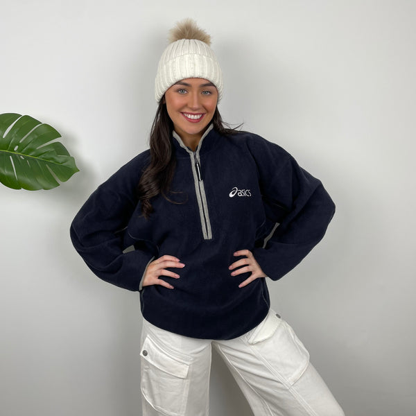 ASICS Navy Embroidered Spell Out Teddy Bear Fleece Quarter Zip Sweatshirt (XL)