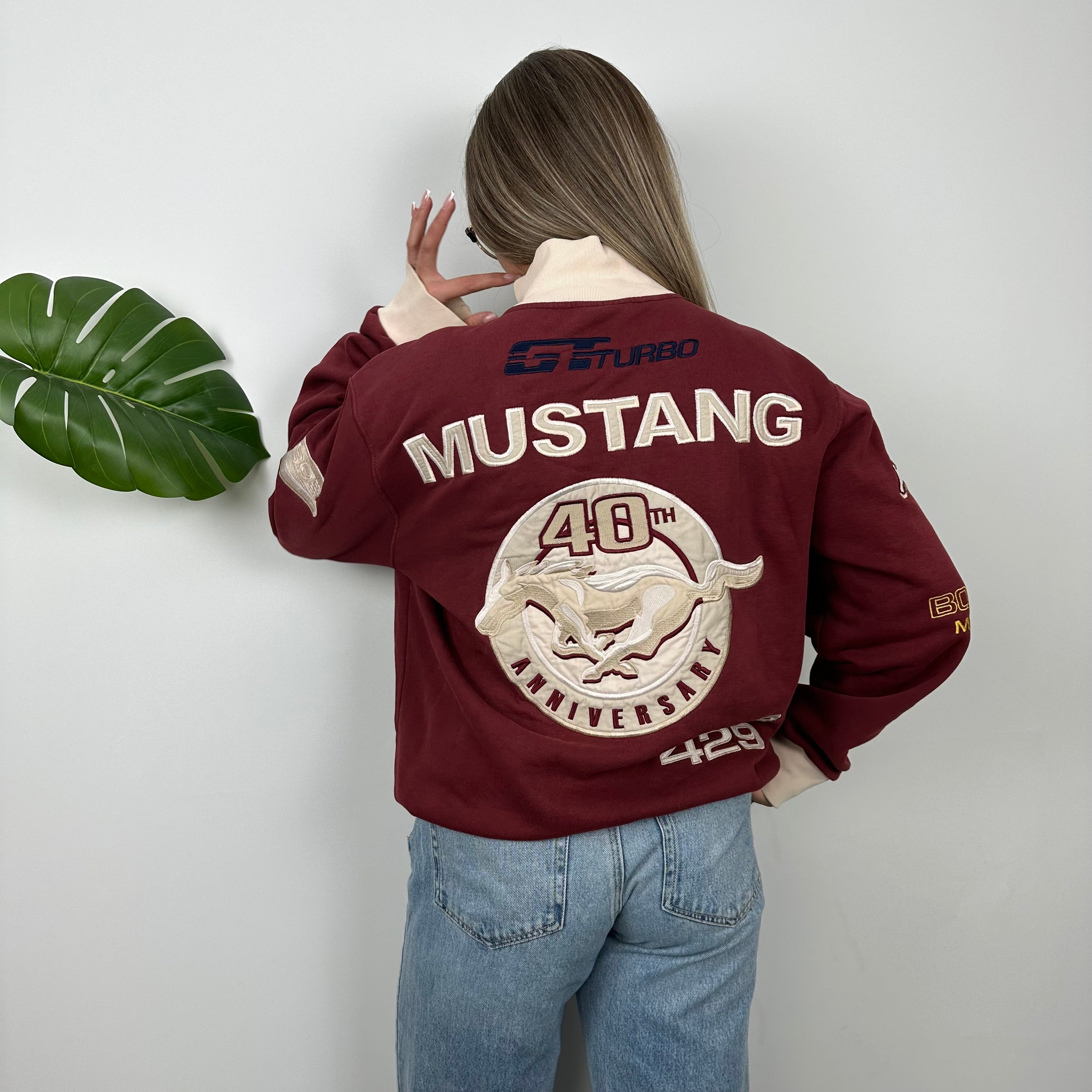 Ford Mustang Racing Maroon Embroidered Spell Out Zip Up Jacket (M)