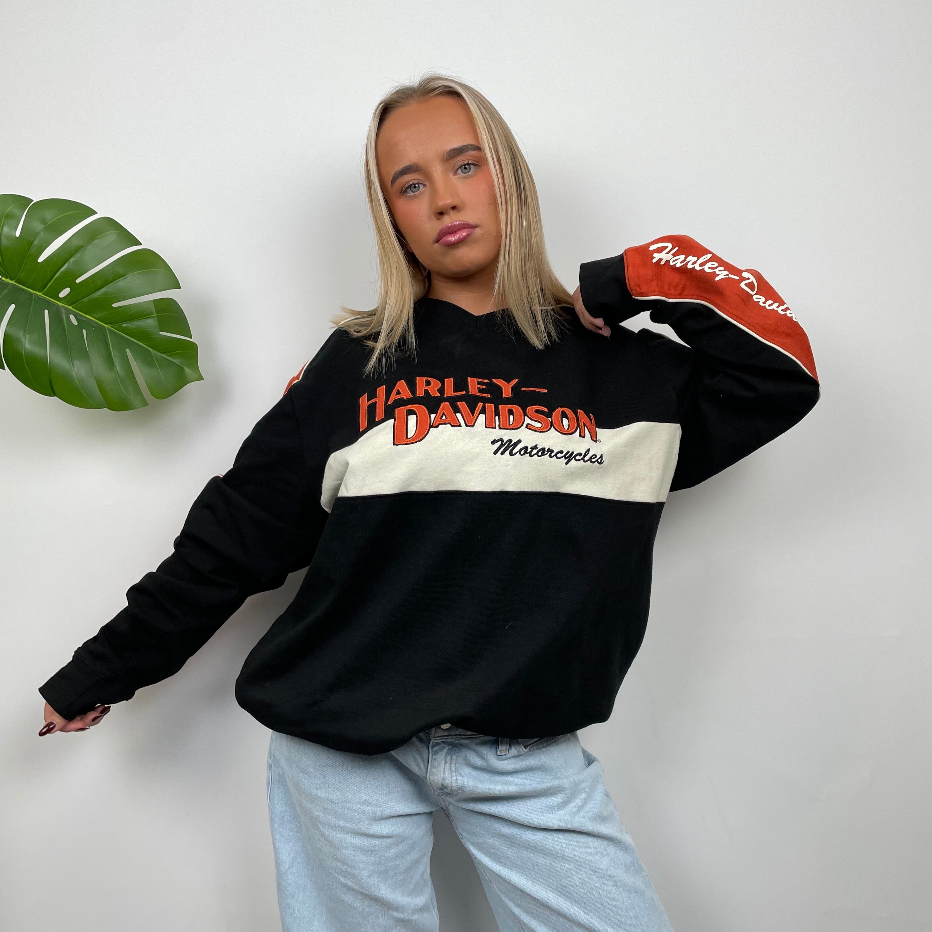 Harley Davidson RARE Black Embroidered Spell Out Sweatshirt(XL)