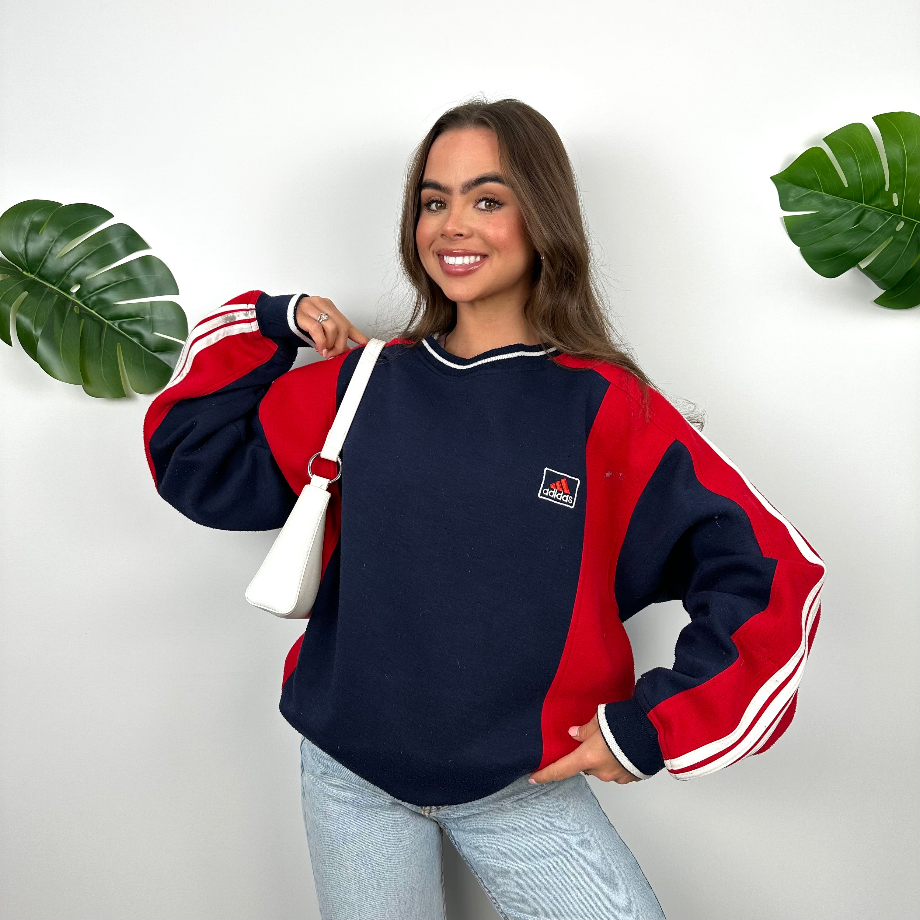 Adidas Navy and Red Embroidered Spell Out Sweatshirt (L)