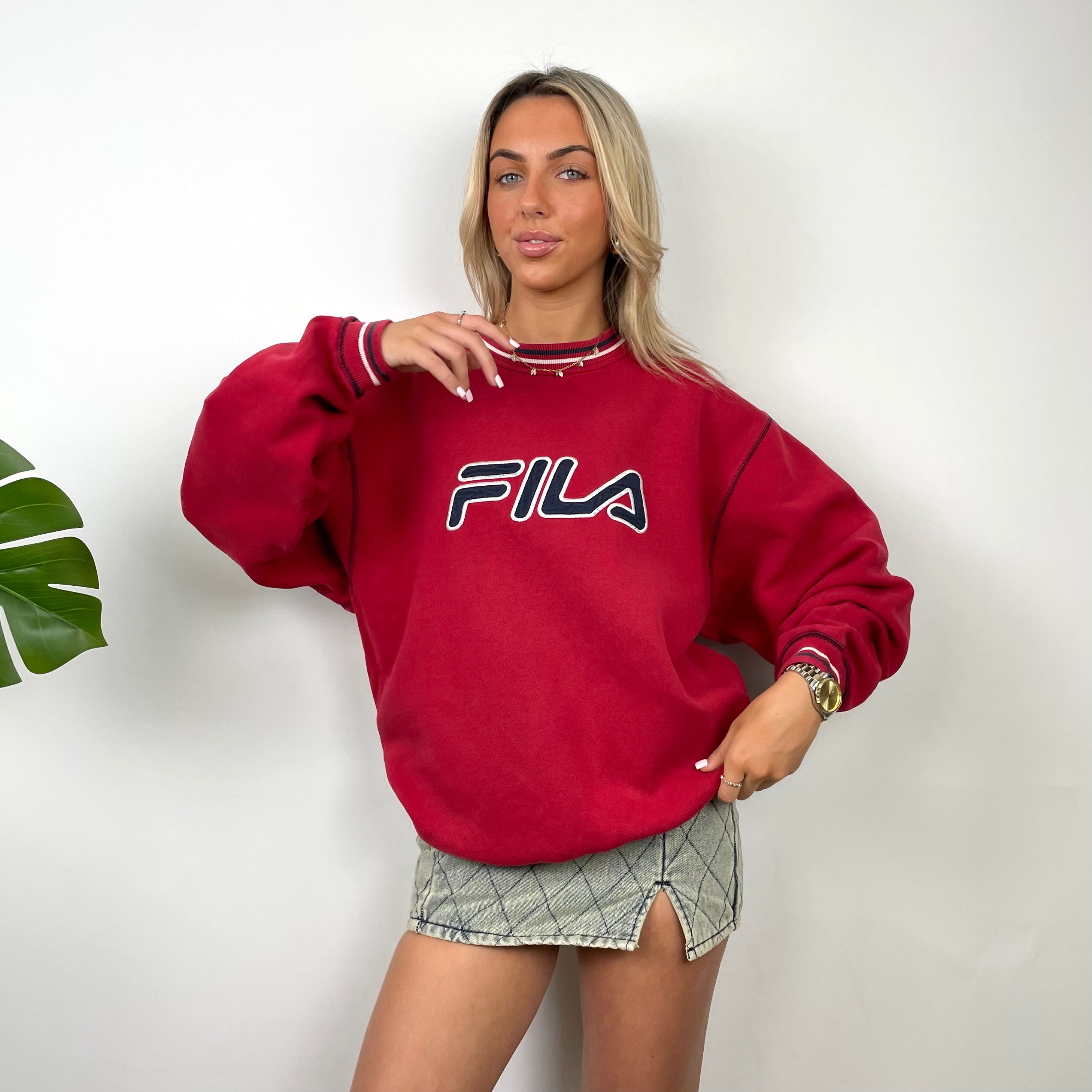 FILA Red Embroidered Spell Out Sweatshirt (L)