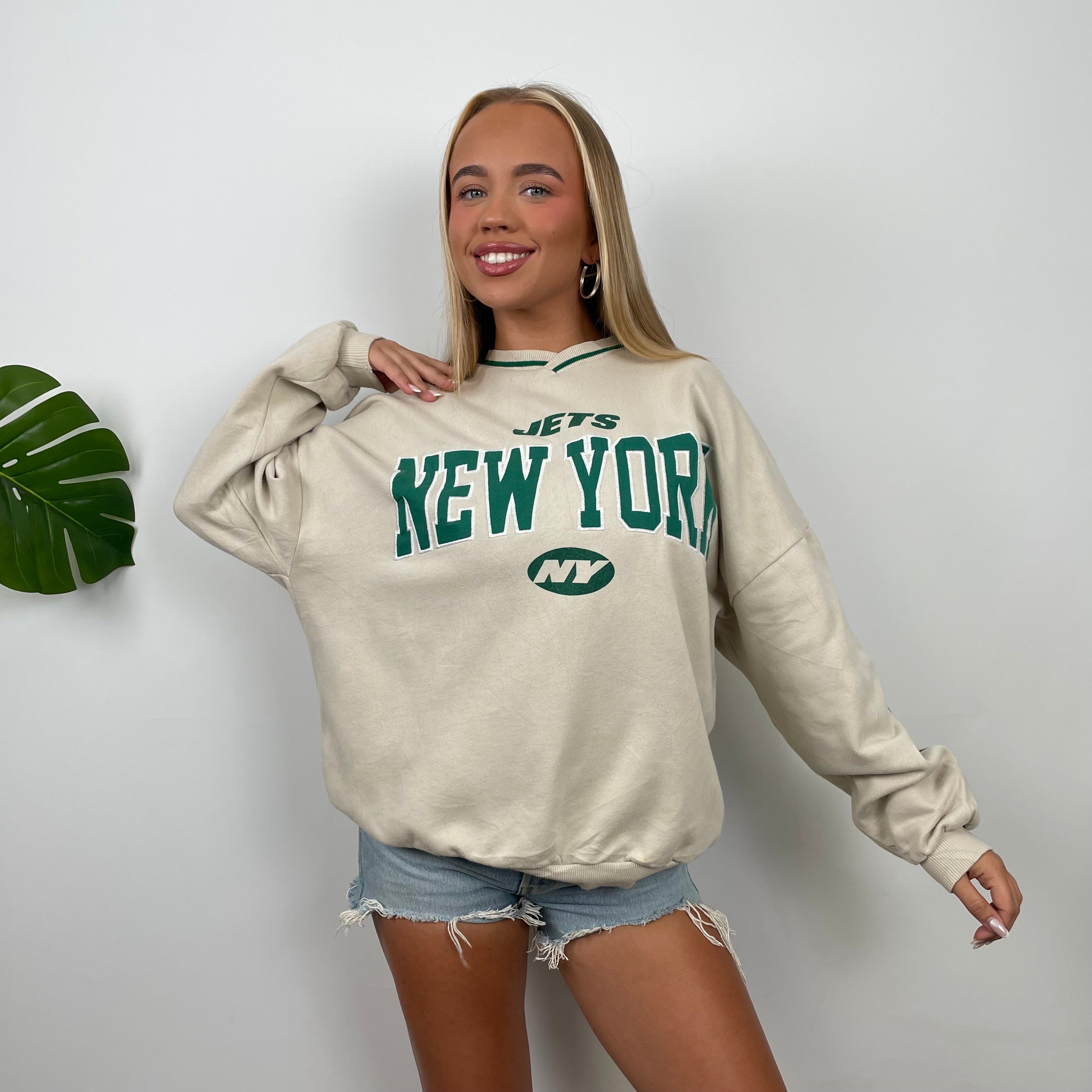 New York Jets Cream Embroidered Spell Out Sweatshirt (S)