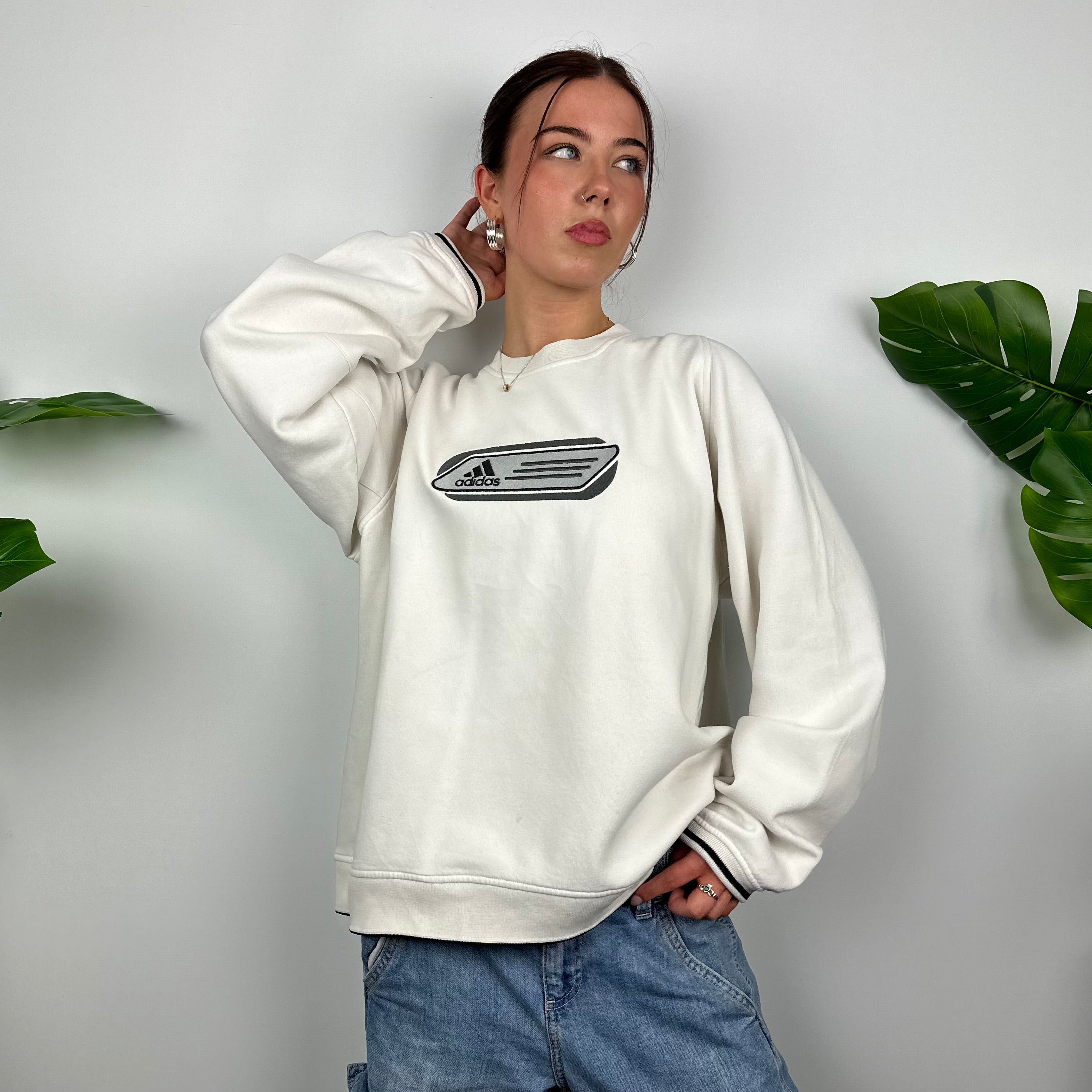 Adidas White Embroidered Spell Out Sweatshirt (L)