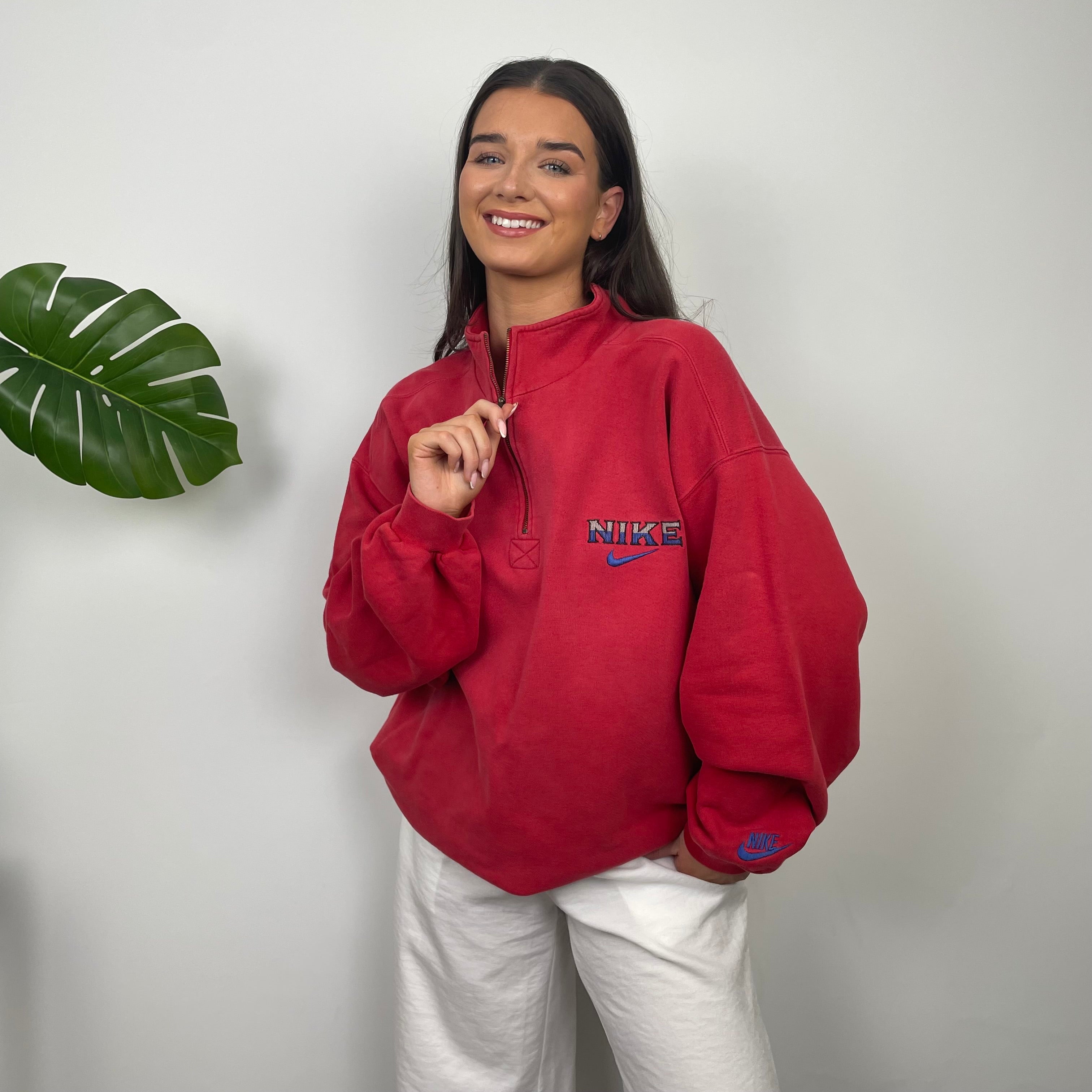 Nike RARE Red Embroidered Spell Out Quarter Zip Sweatshirt (XL)