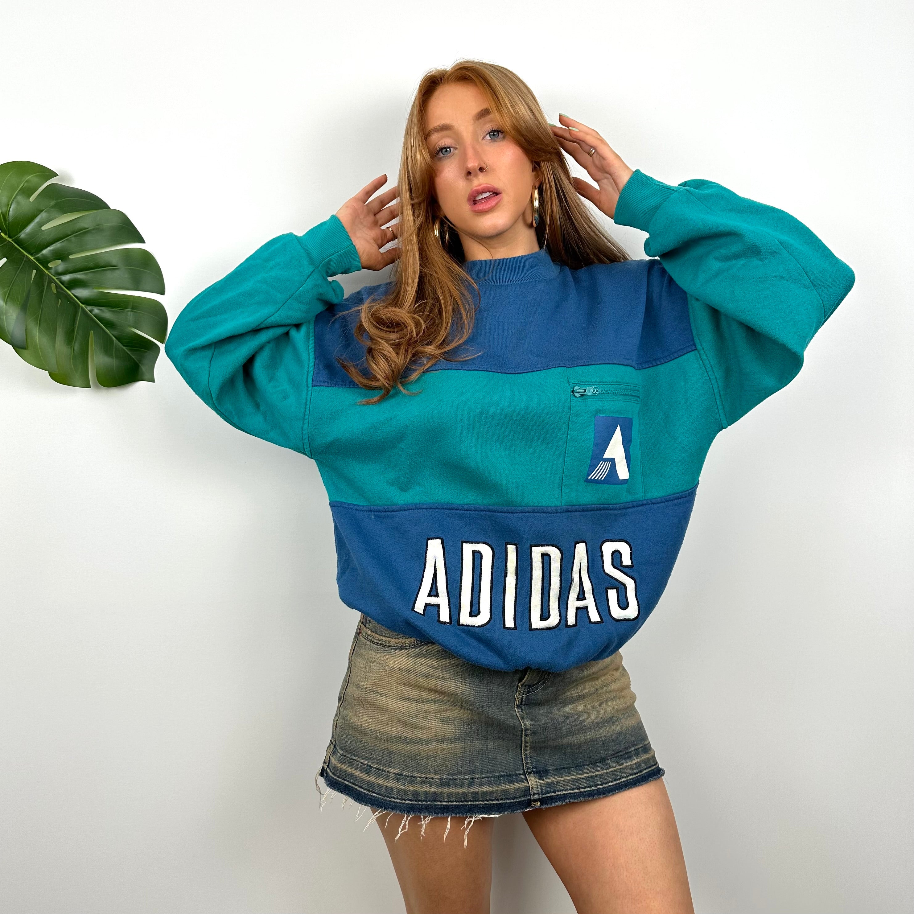 Adidas RARE Blue & Turquoise Blue Colour Block Embroidered Spell Out Sweatshirt (S)