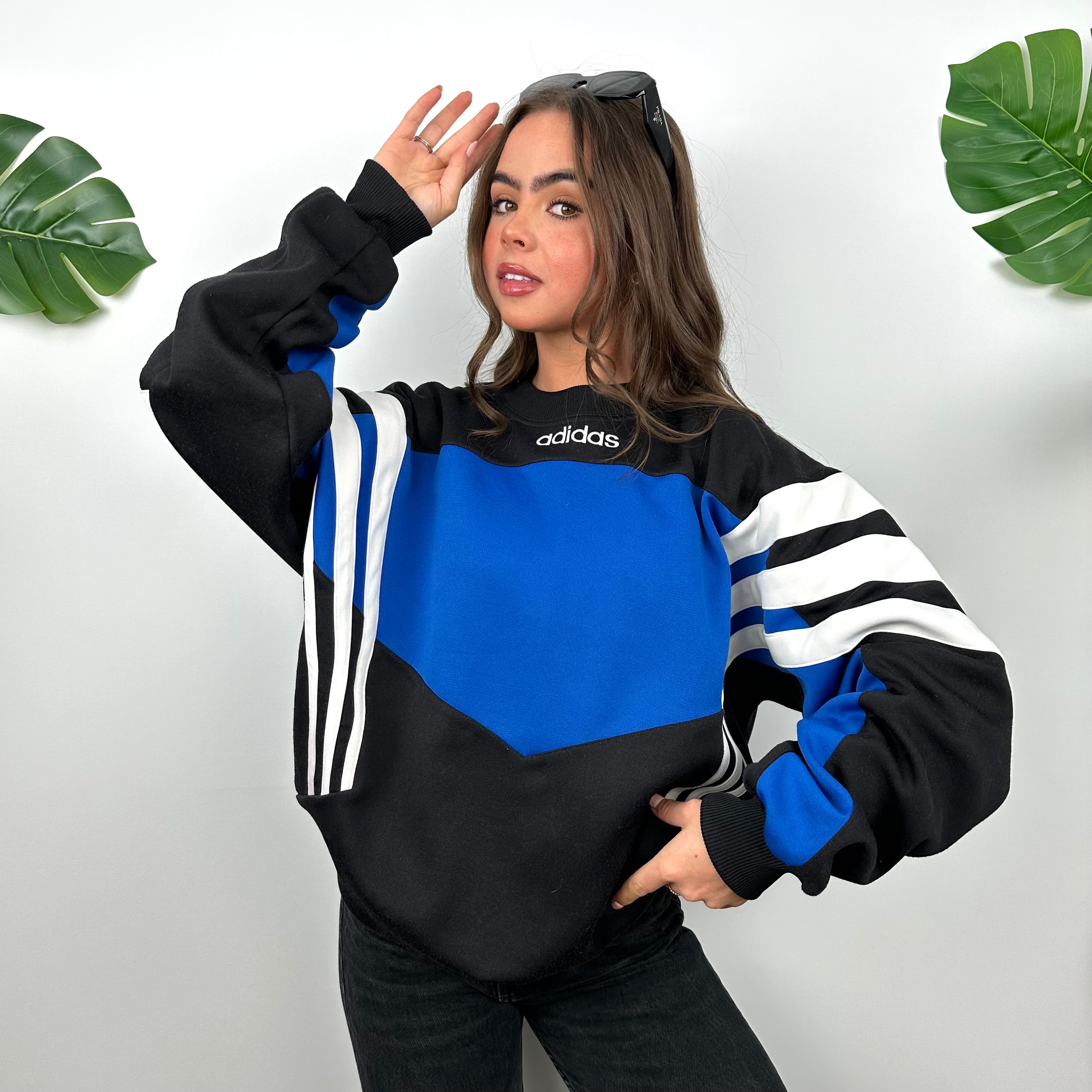 Adidas Black & Blue Embroidered Spell Out Colour Block Sweatshirt (L)