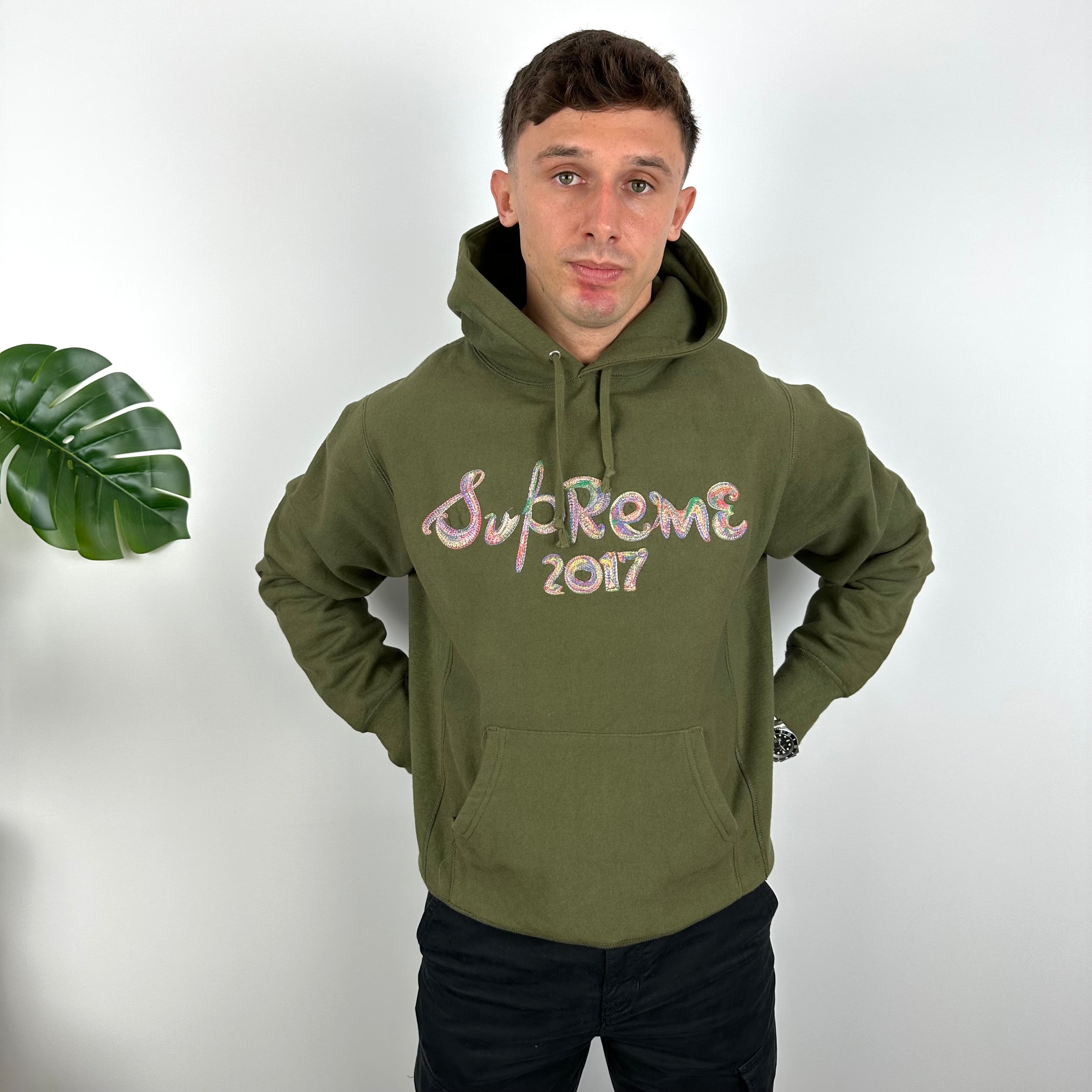 Supreme 2017 Khaki Green Brush Logo Embroidered Spell Out Hoodie (M)