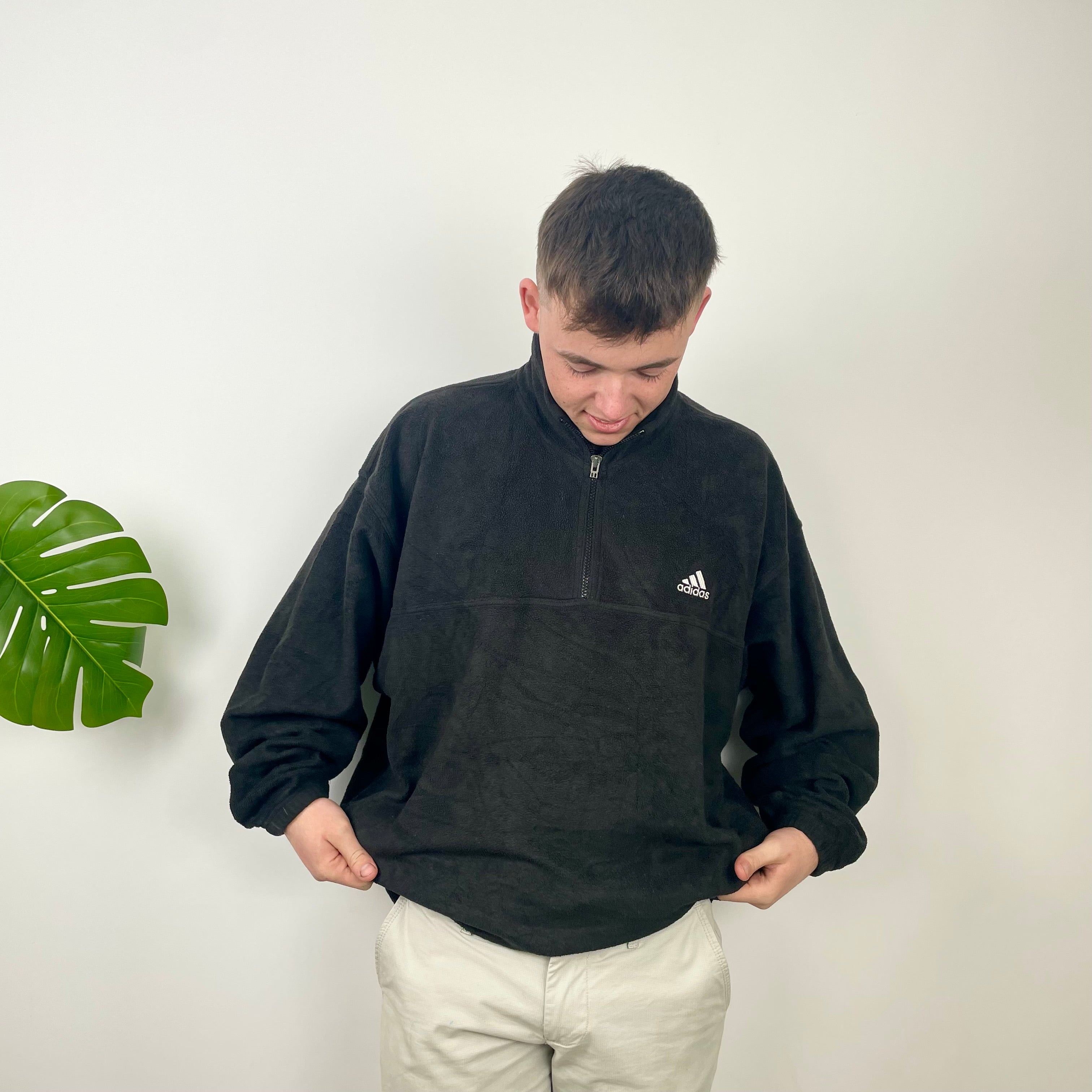 Adidas Black Embroidered Spell Out Logo Quarter Zip Fleece (XXL)