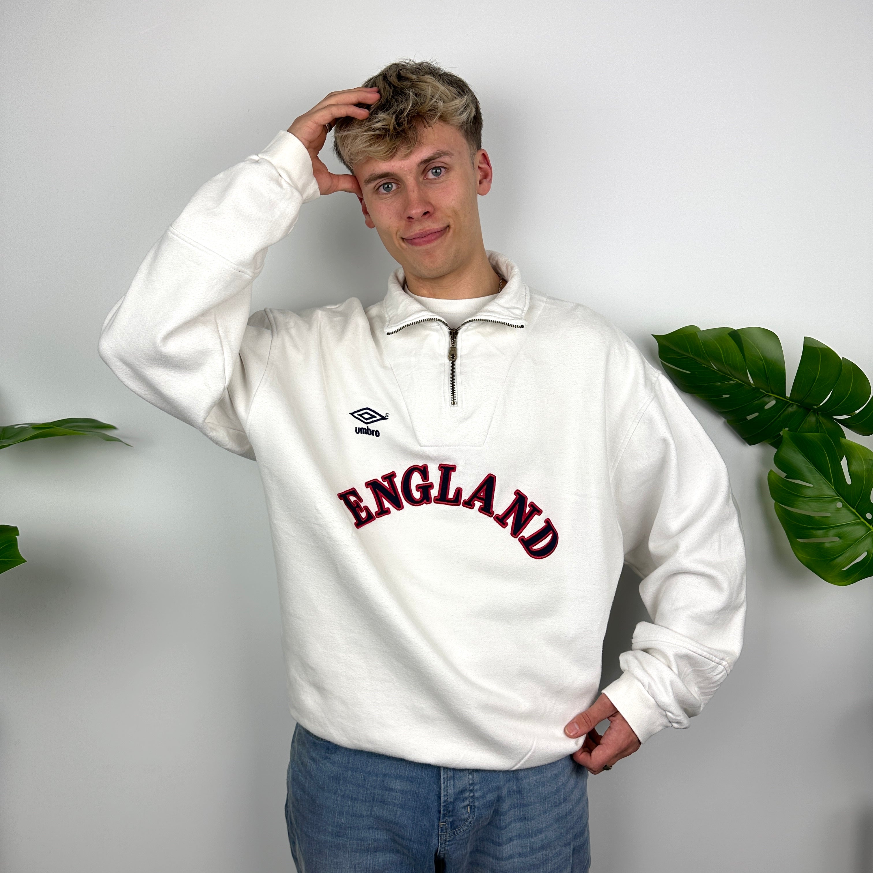 Umbro X England RARE White Embroidered Spell Out Quarter Zip Sweatshirt (XL)