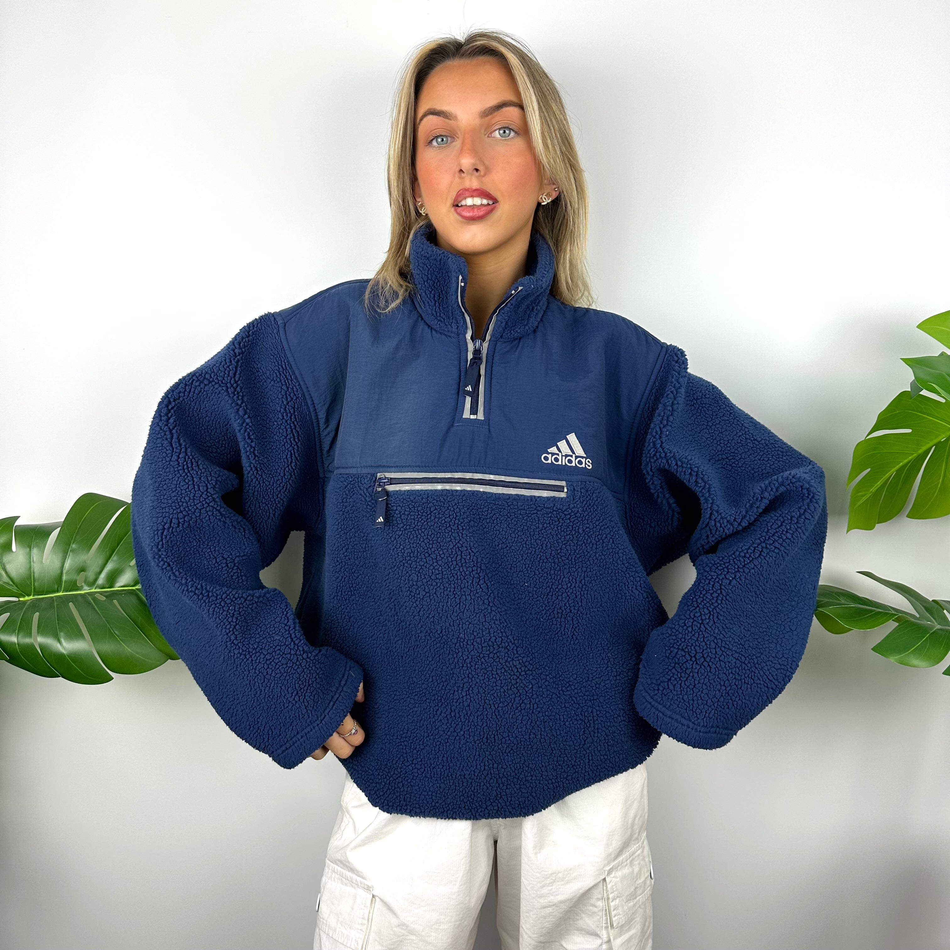 Adidas Navy Embroidered Spell Out Teddy Bear Sherpa Fleece Quarter Zip Sweatshirt (XL)