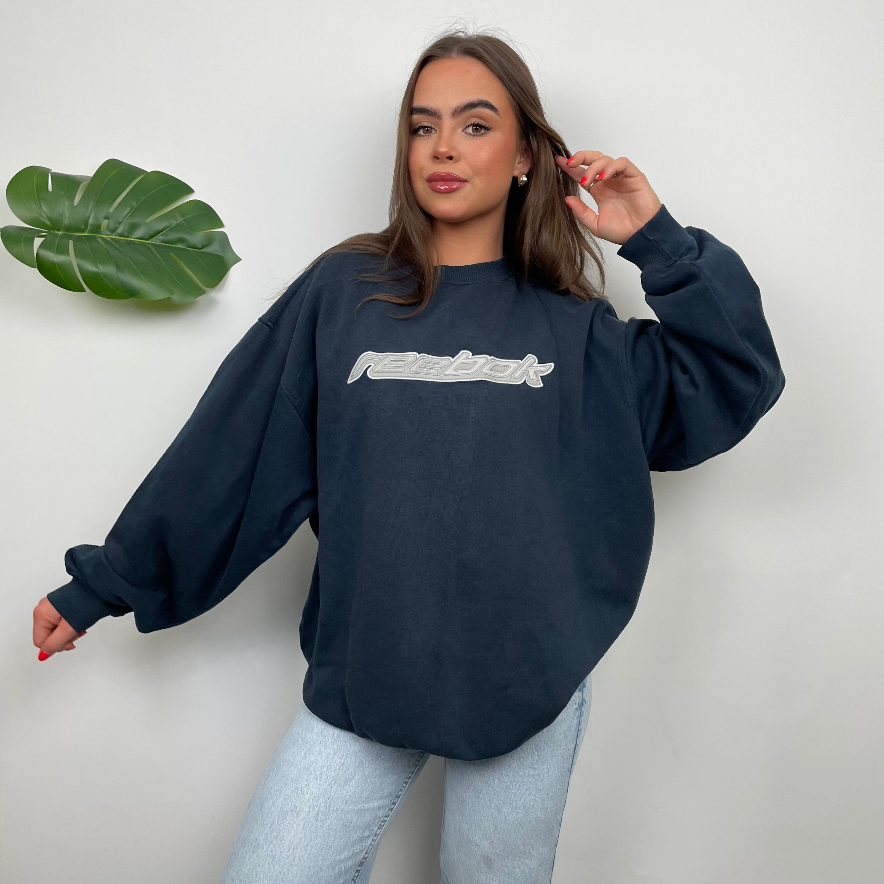 Reebok Navy Embroidered Spell Out Sweatshirt (L)