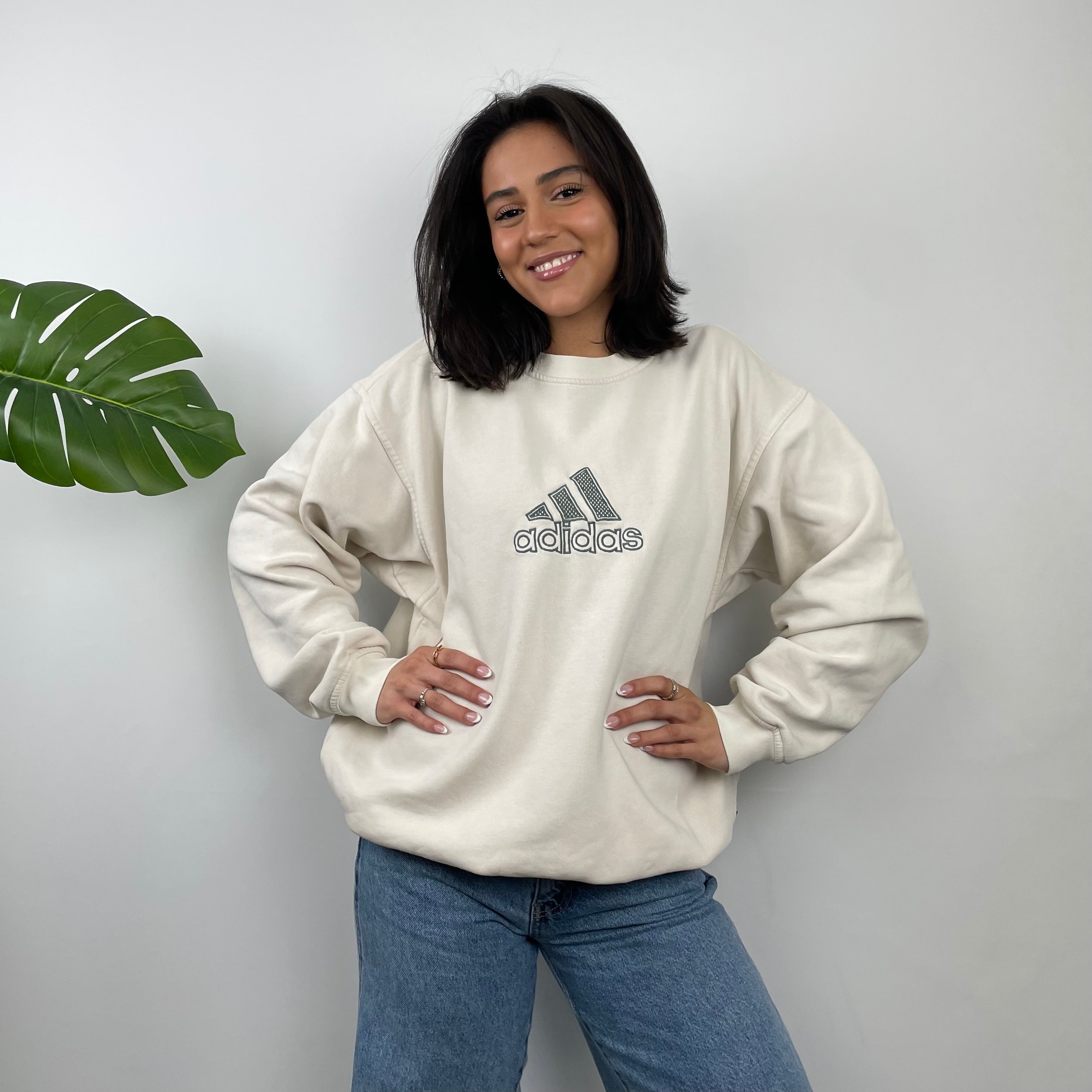Adidas Cream Embroidered Spell Out Sweatshirt (L)