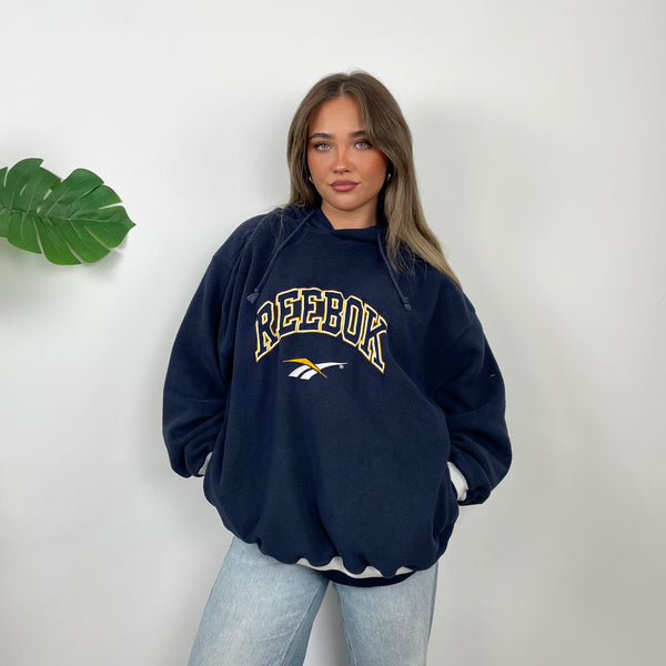 Reebok RARE Navy Embroidered Spell Out Teddy Bear Sherpa Fleece Hoodie (L)
