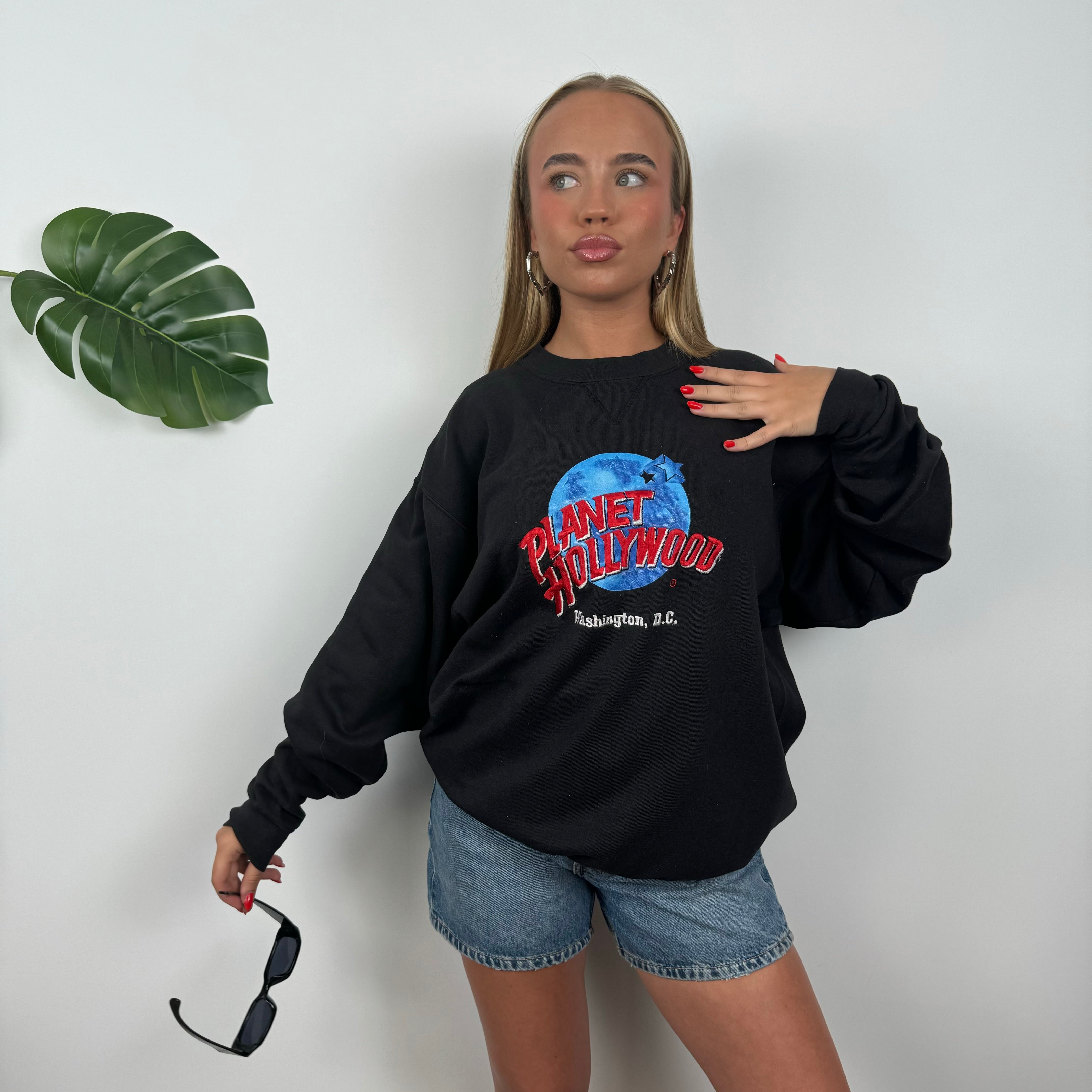 Planet Hollywood Washington Black Embroidered Spell Out Sweatshirt (L)