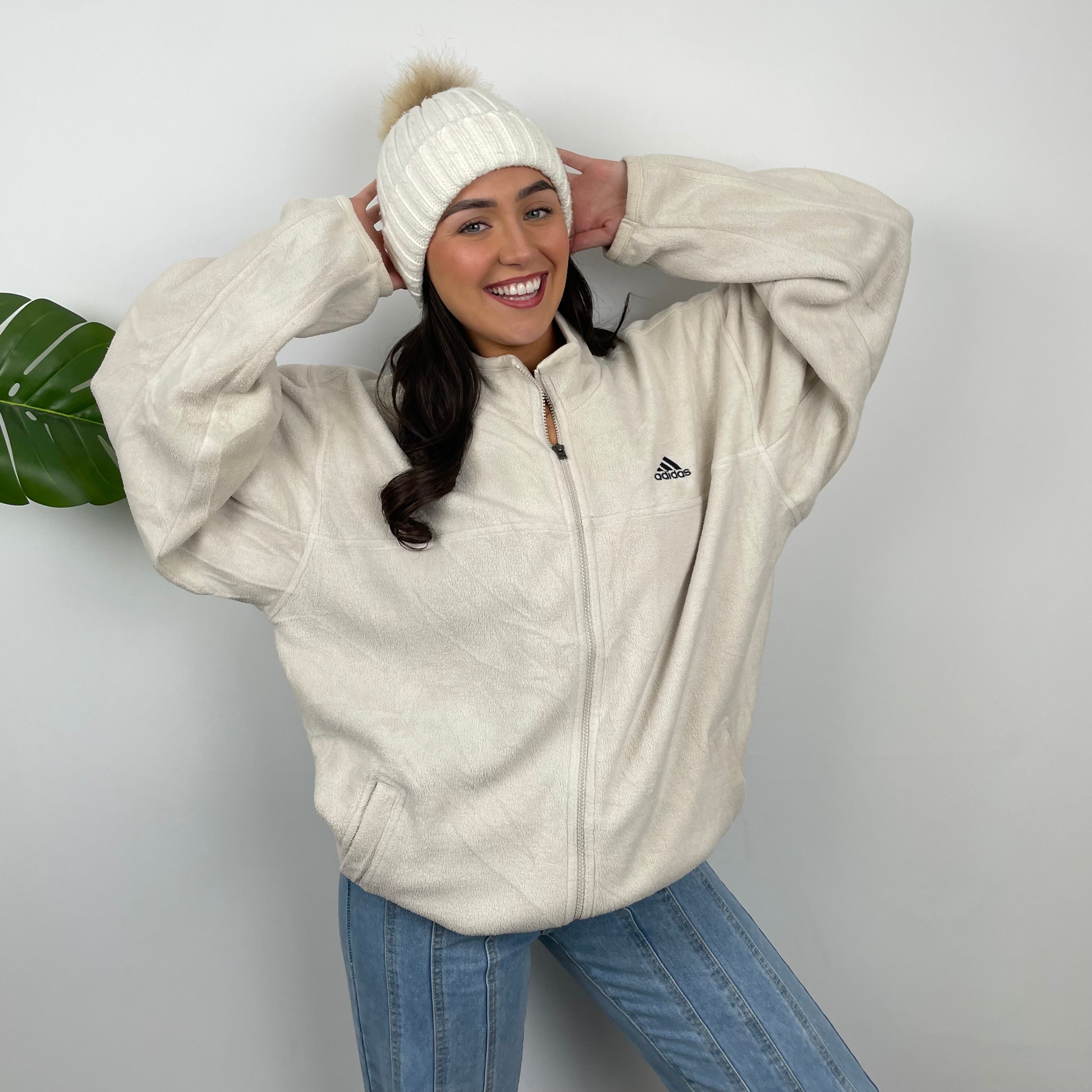 Adidas Cream Embroidered Spell Out Teddy Bear Fleece Zip Up Jacket (L)