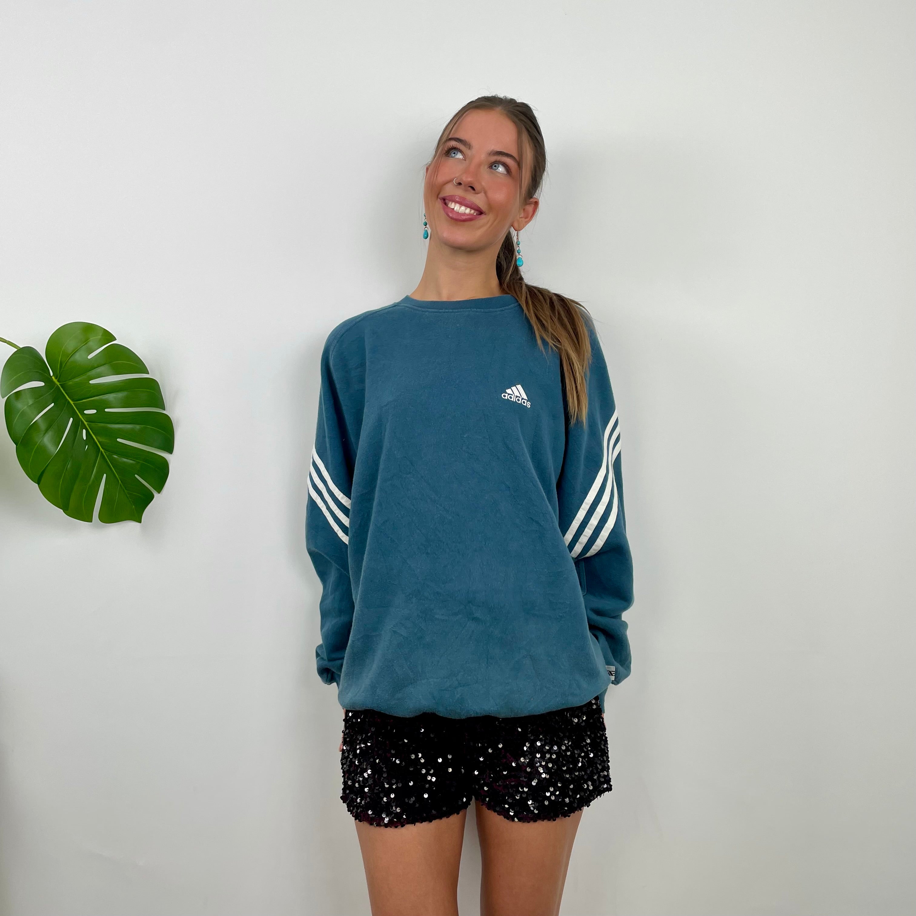 Adidas Blue Embroidered Spell Out Sweatshirt (XL)