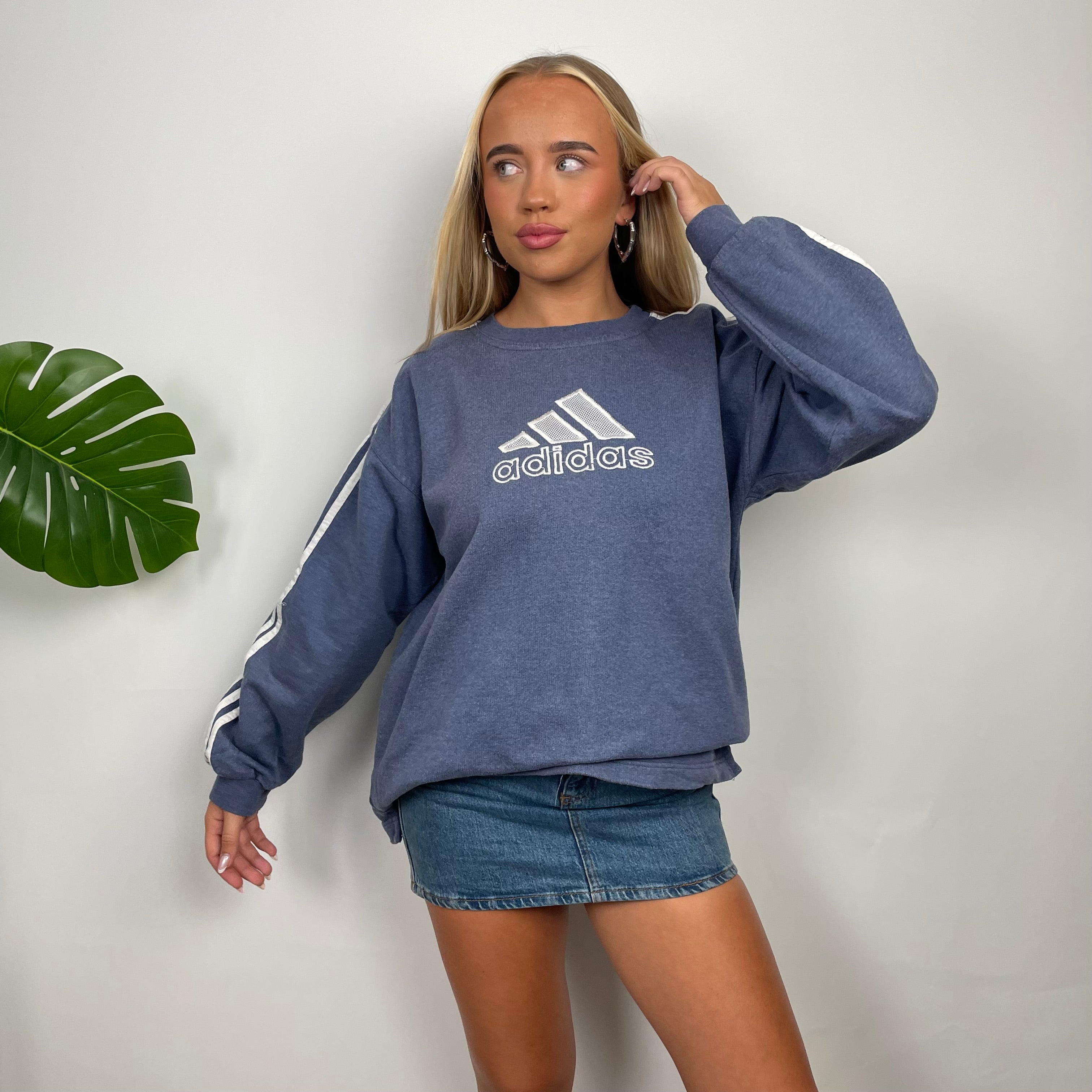 Adidas Blue Embroidered Spell Out Sweatshirt (S)