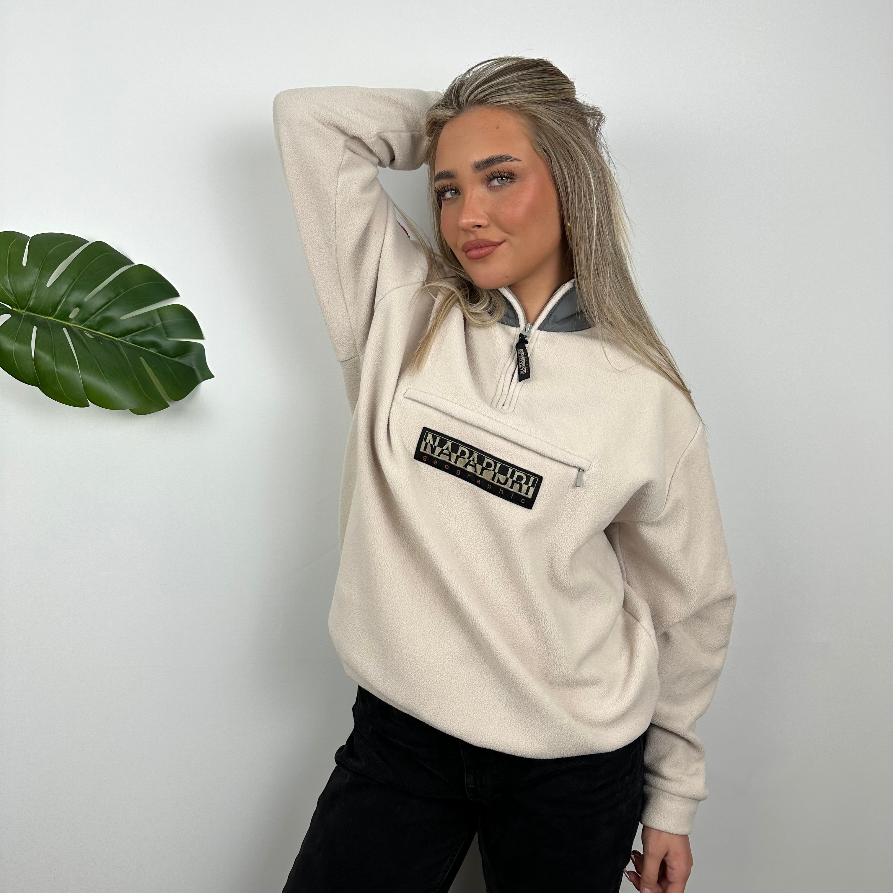 Napapijri Cream Embroidered Spell Out Teddy Bear Fleece Quarter Zip (M)