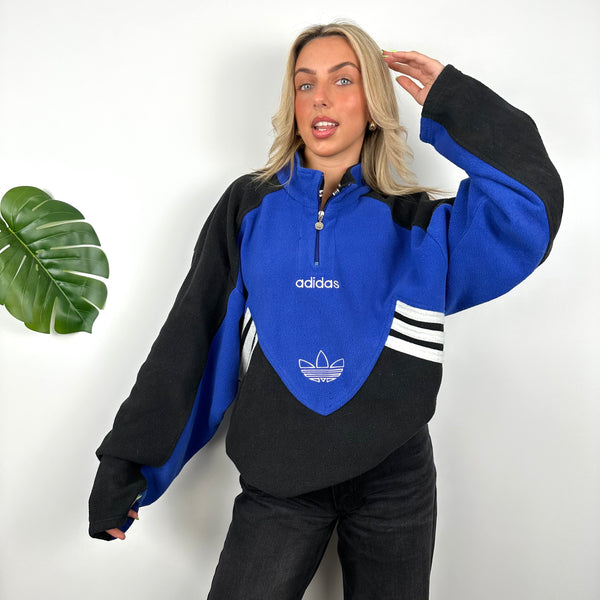 Adidas Blue Colour Block Embroidered Spell Out Teddy Bear Fleece Quarter Zip Sweatshirt (L)
