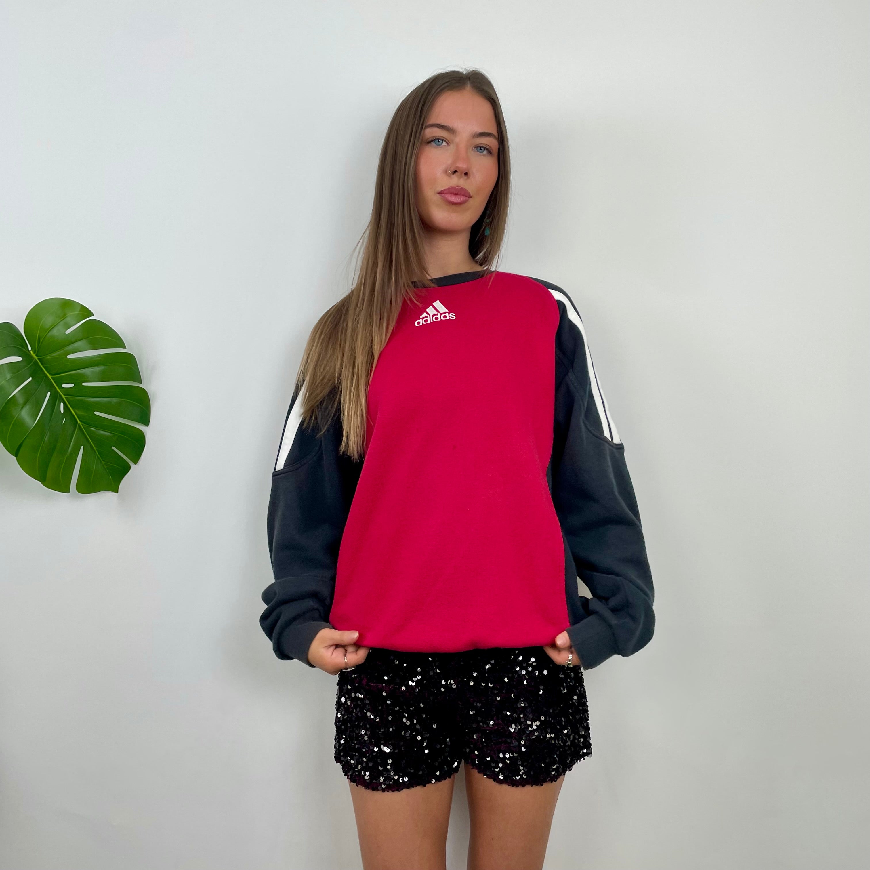 Adidas Red & Black Embroidered Spell Out Colour Block Sweatshirt (L)