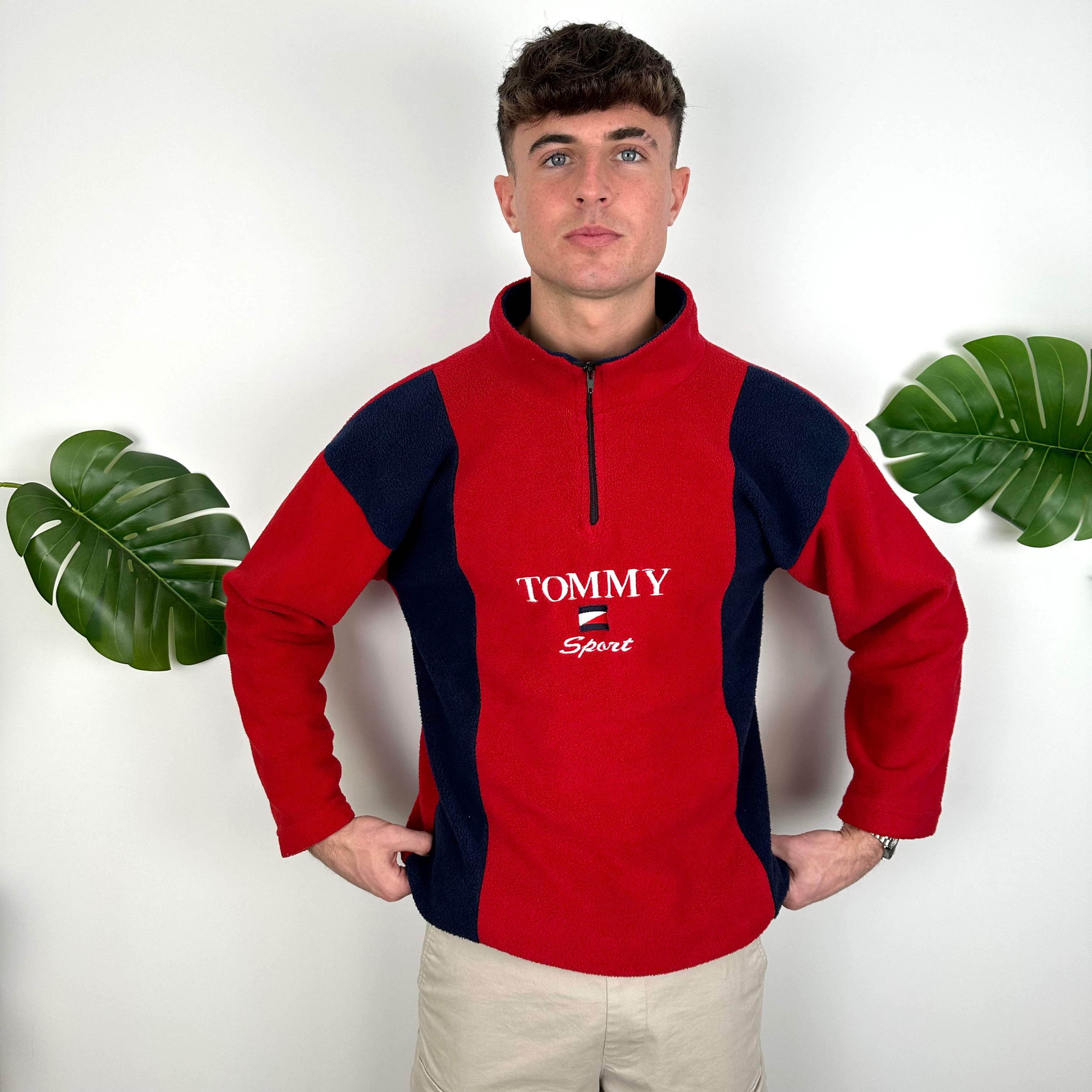 Tommy Hilfiger Red Embroidered Spell Out Teddy Bear Fleece Quarter Zip Sweatshirt (M)