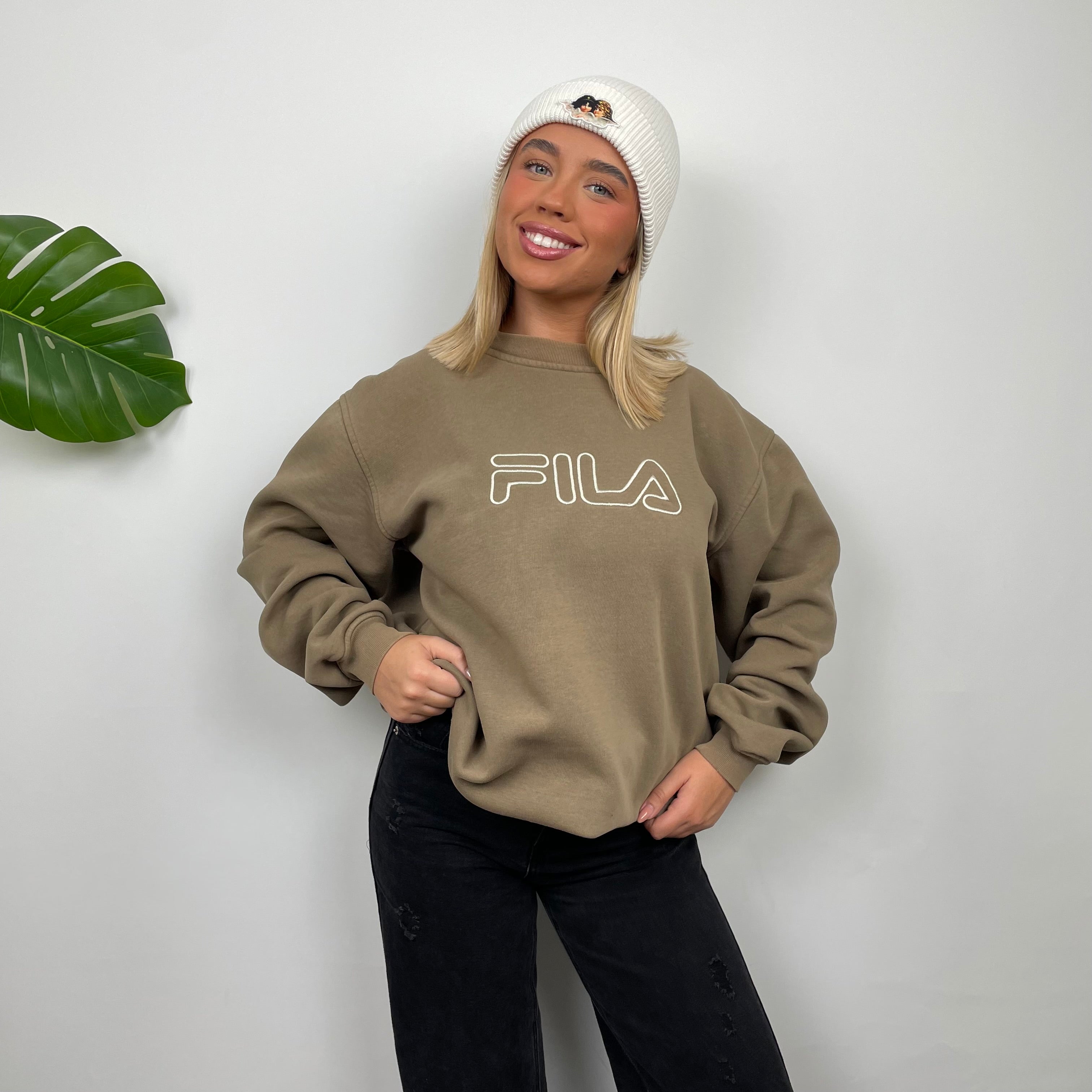 FILA Tan Brown Embroidered Spell Out Sweatshirt (L)