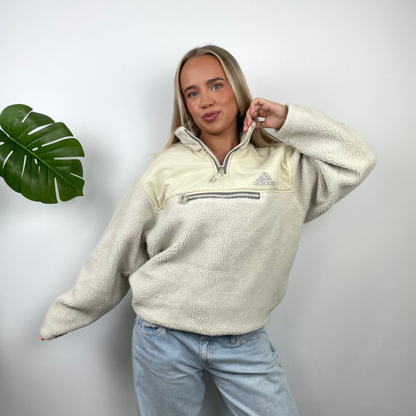 Adidas Cream Embroidered Spell Out Teddy Bear Sherpa Fleece Quarter Zip Sweatshirt (L)