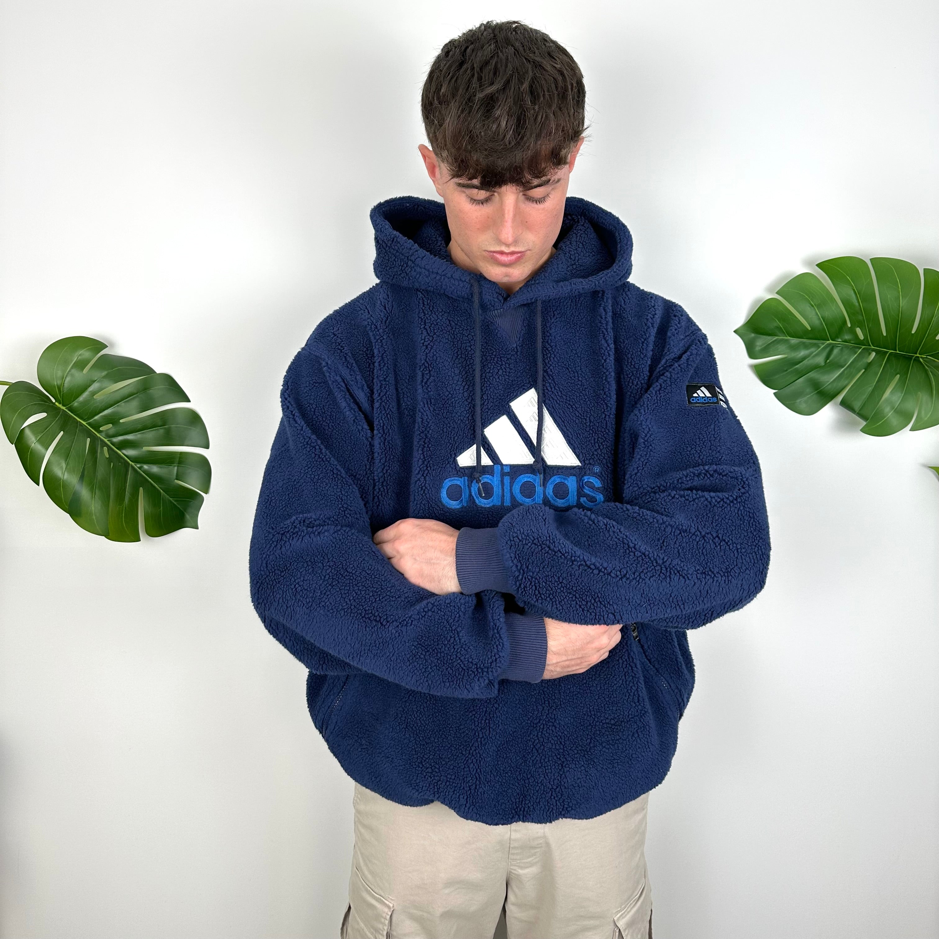 Adidas RARE Navy Embroidered Spell Out Teddy Bear Sherpa Fleece Hoodie (L)