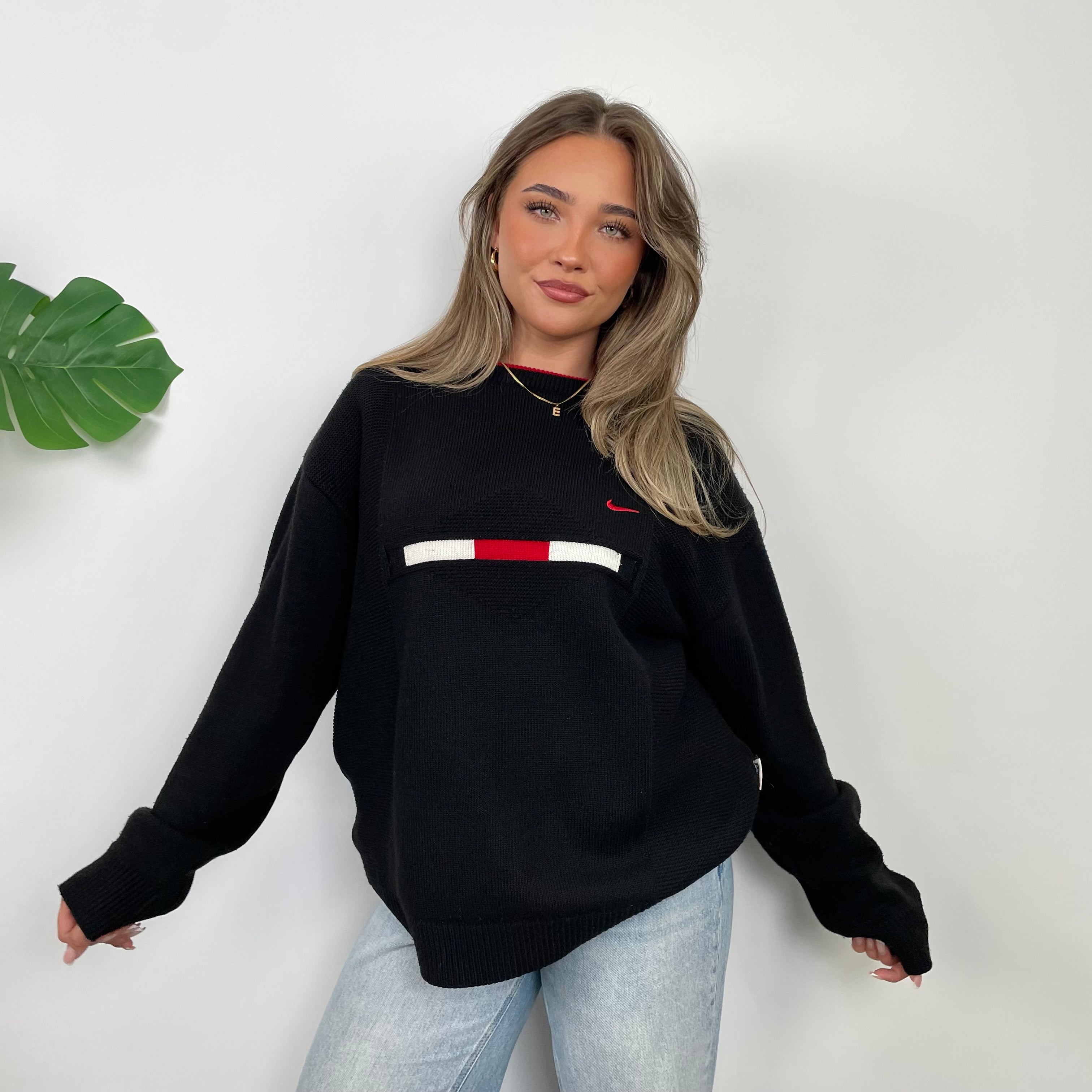 Nike RARE Black Embroidered Swoosh Knitted Sweater (L)