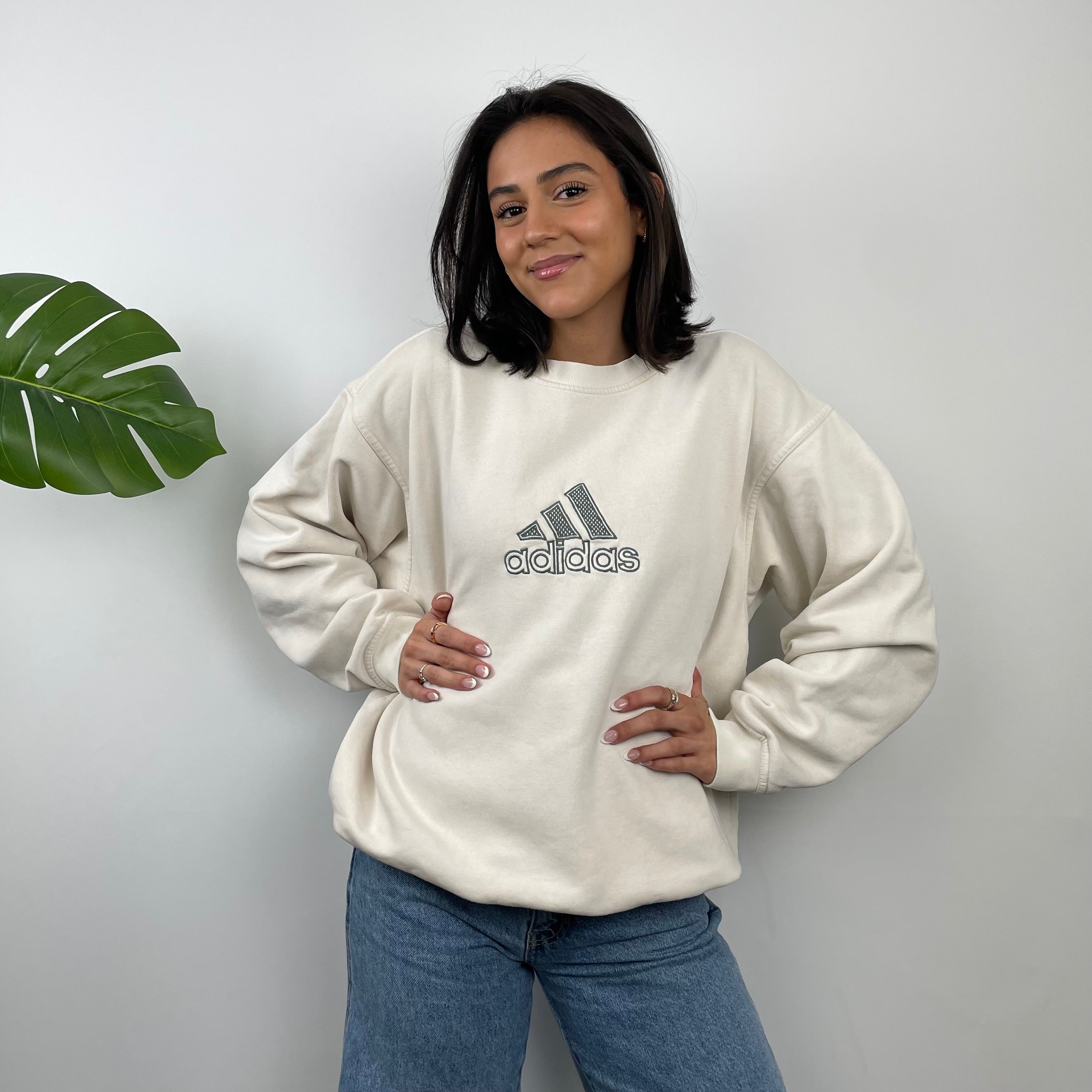Adidas Cream Embroidered Spell Out Sweatshirt (L)