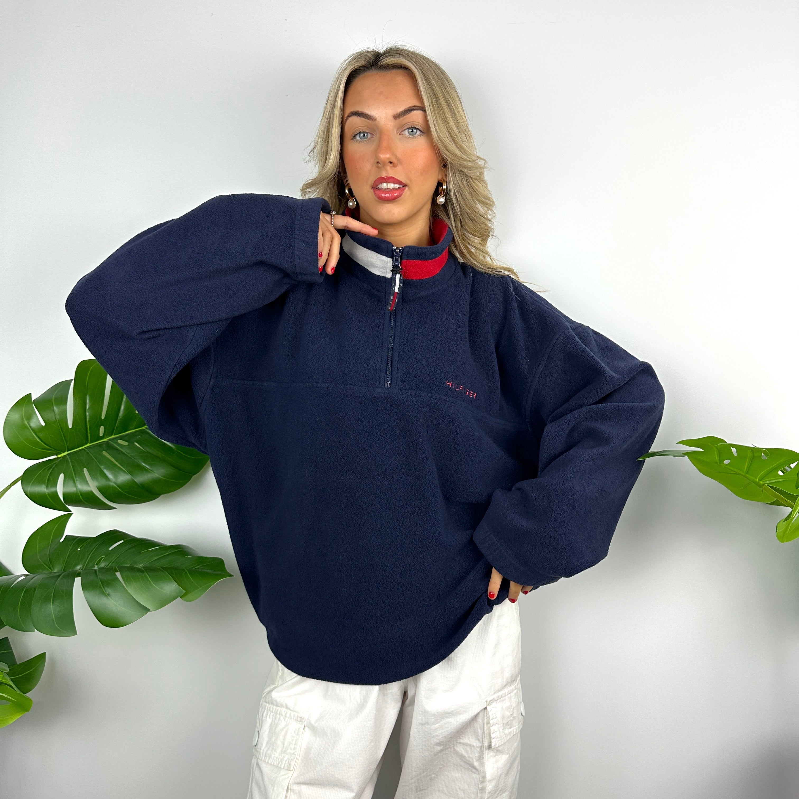 Tommy Hilfiger Navy Embroidered Spell Out Teddy Bear Fleece Quarter Zip Sweatshirt (XL)