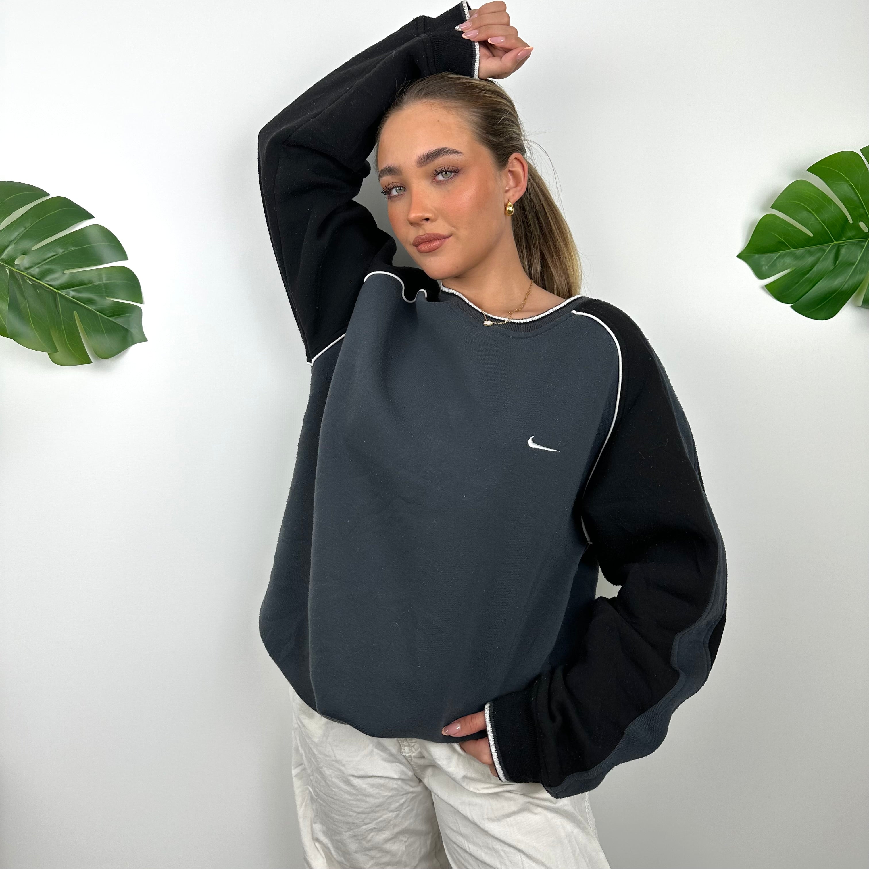 Nike Grey & Black Embroidered Swoosh Sweatshirt (XXL)