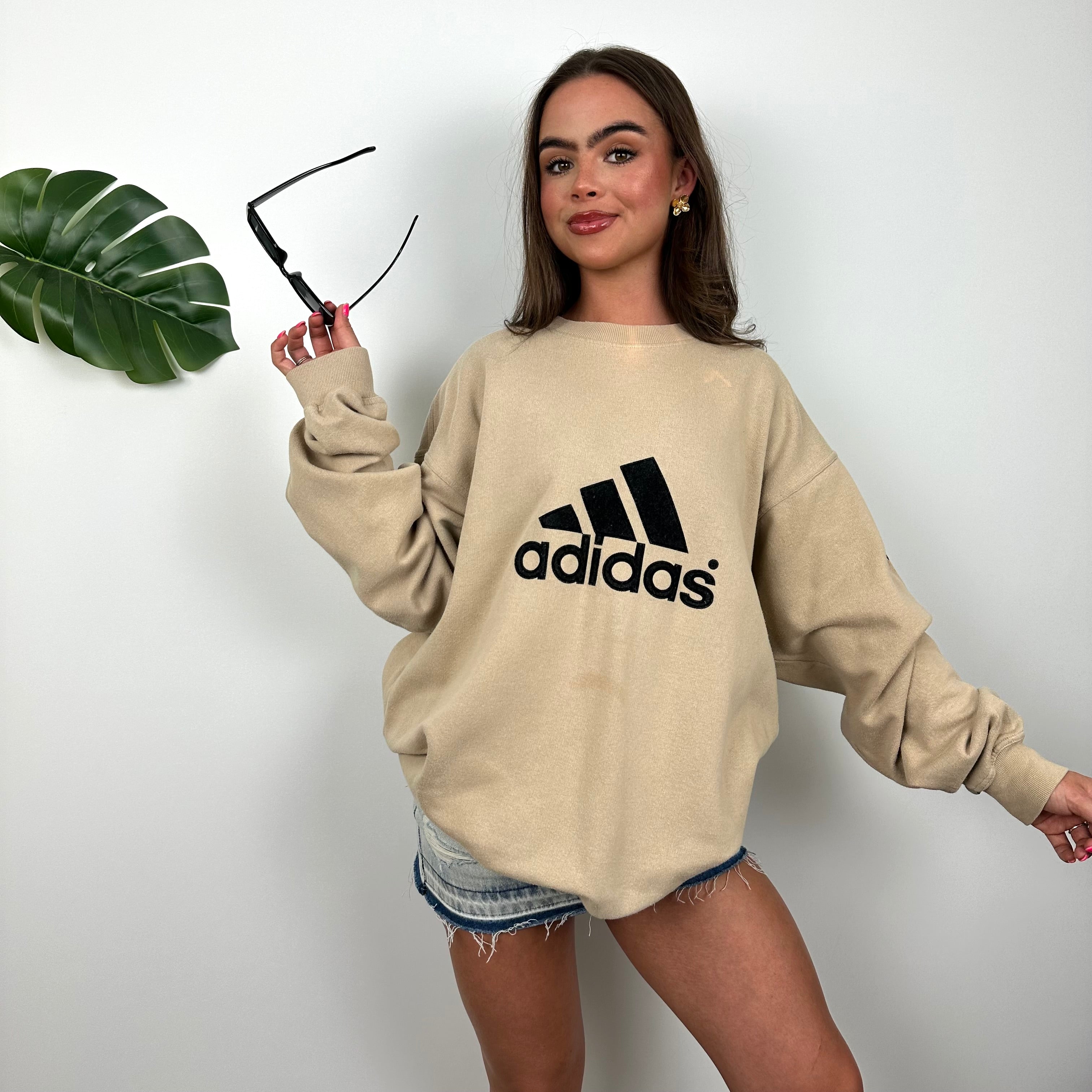 Adidas Beige Embroidered Spell Out Sweatshirt (XL)