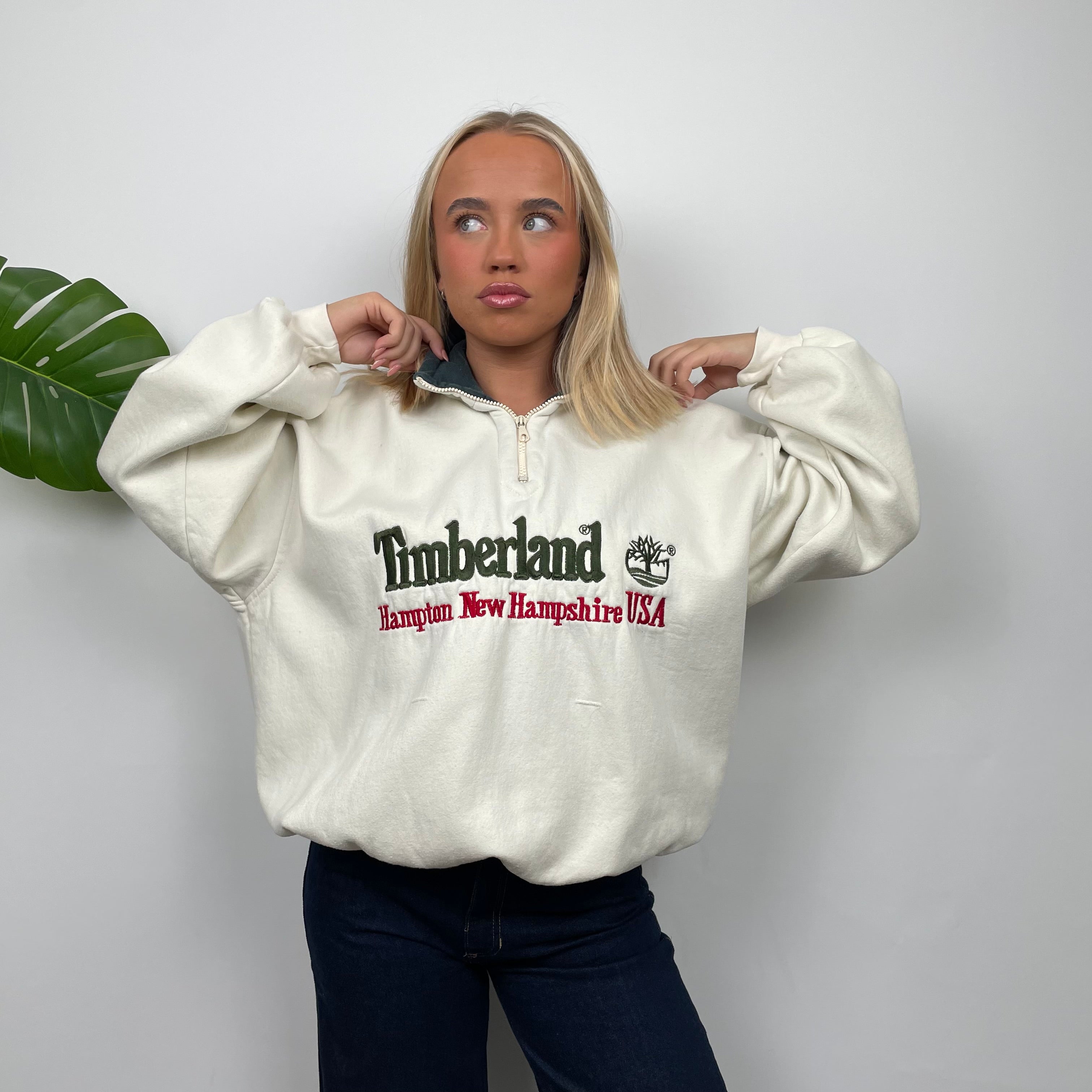 Timberland Cream Embroidered Spell Out Quarter Zip Sweatshirt (M)