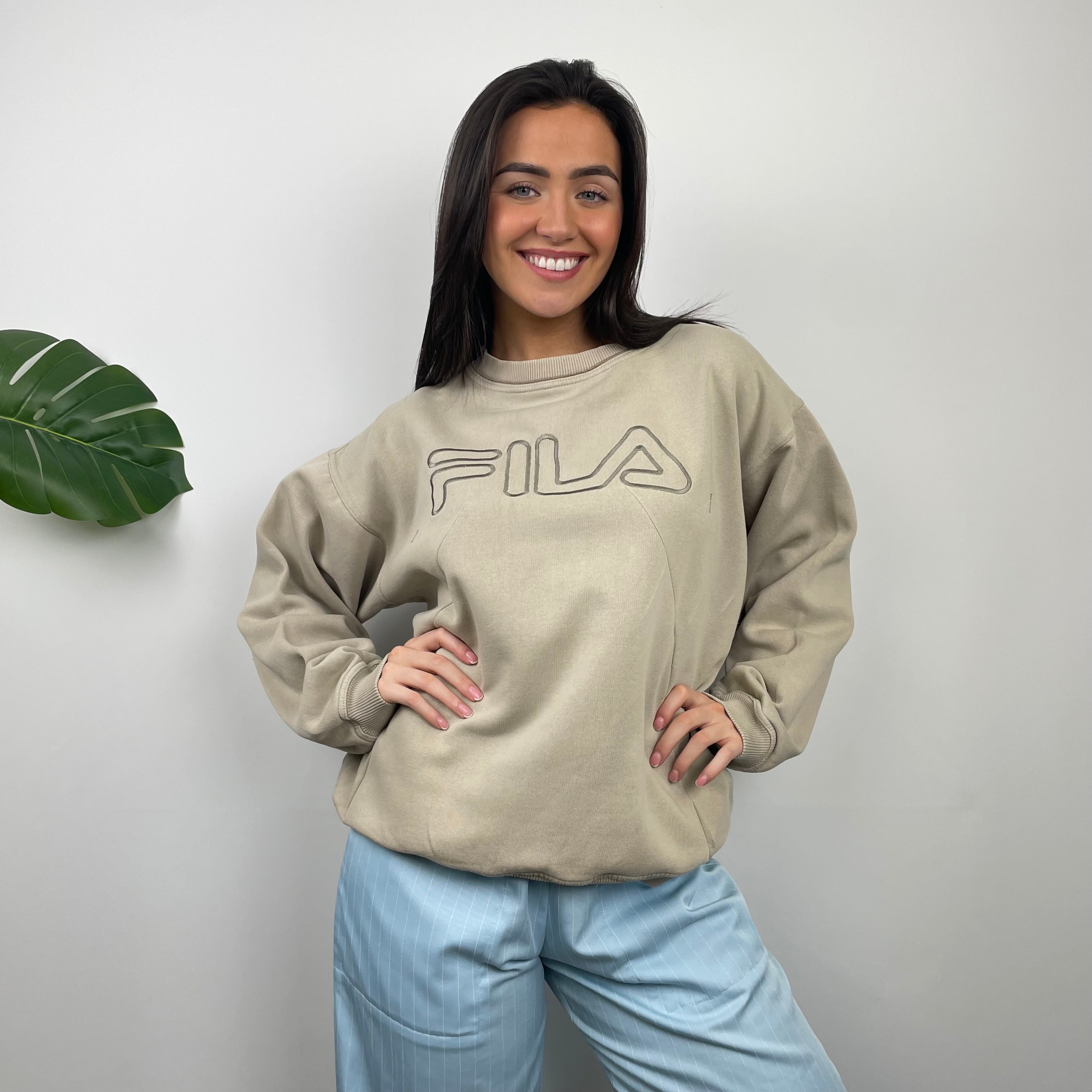 FILA Beige Embroidered Spell Out Sweatshirt (M)