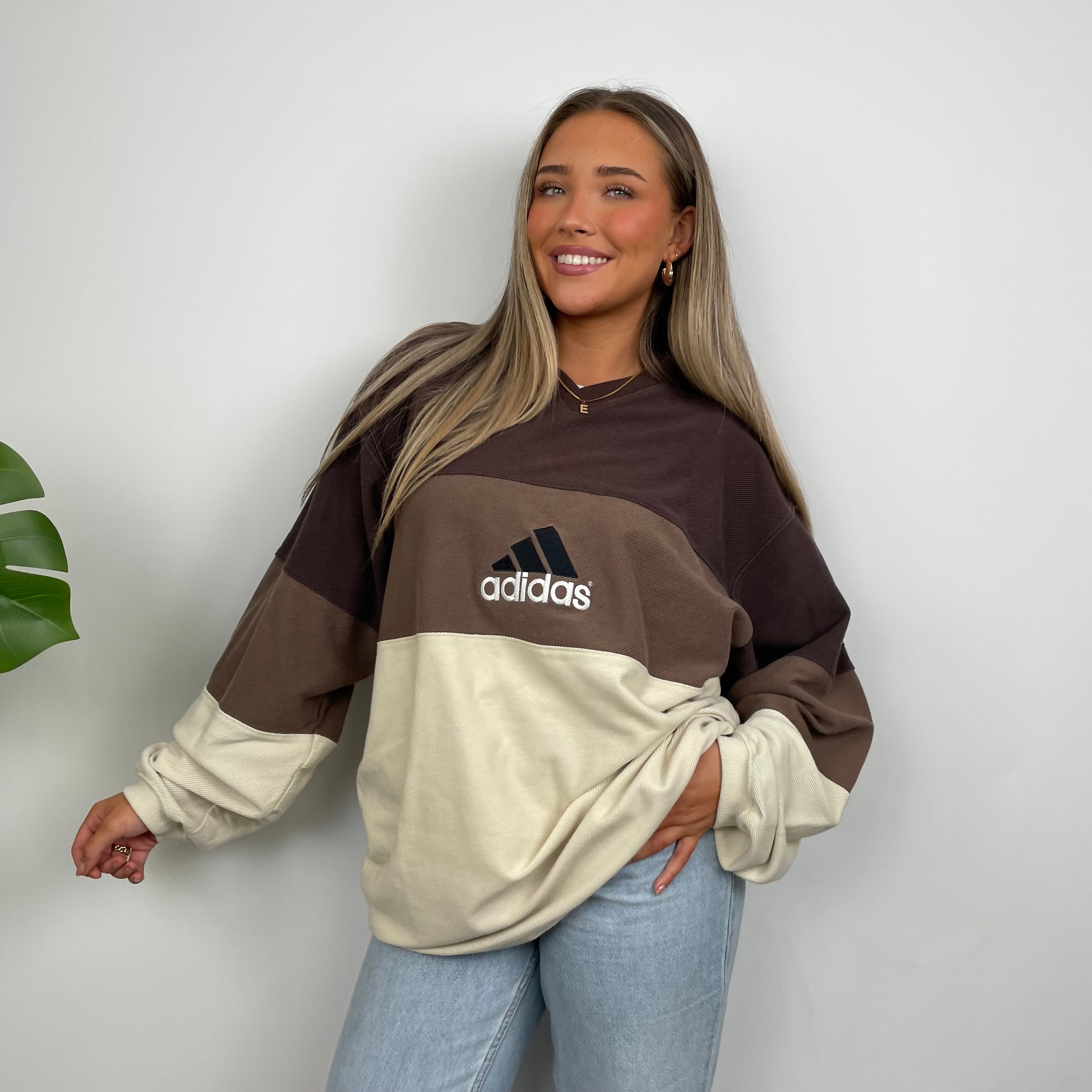 Adidas RARE Cream & Brown Colour Block Embroidered Spell Out Sweatshirt (XL)